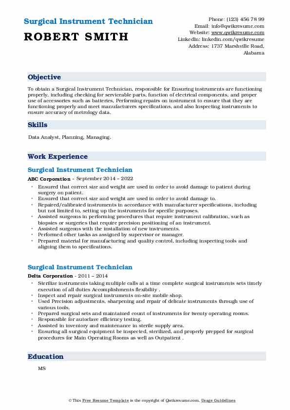 Surgical Instrument Technician Resume Samples QwikResume