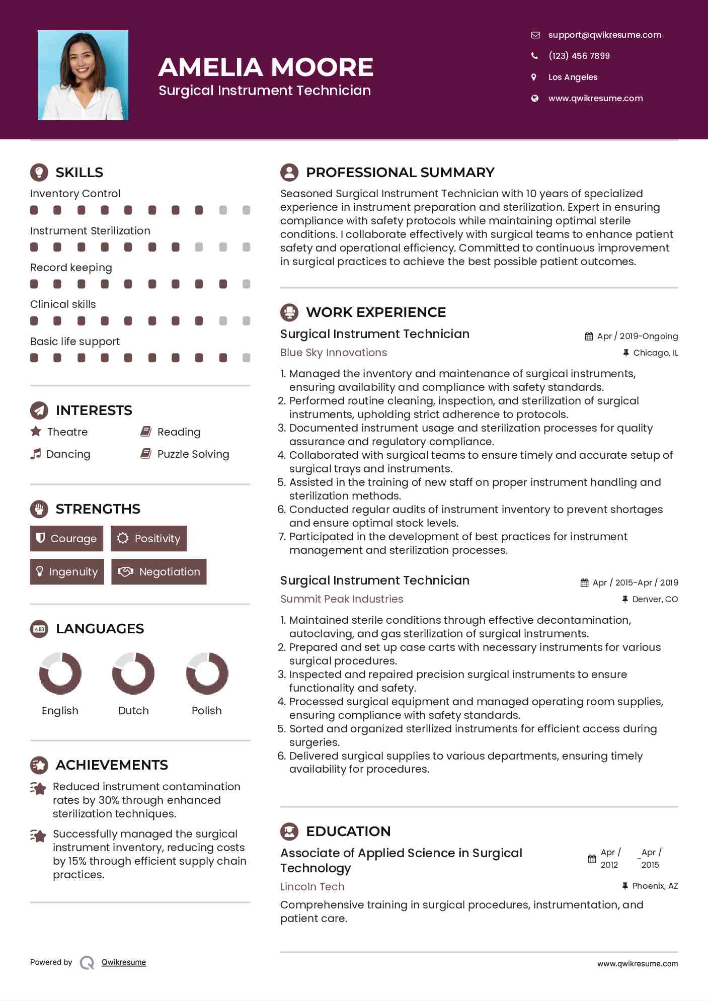Surgical Instrument Technician Resume Sample