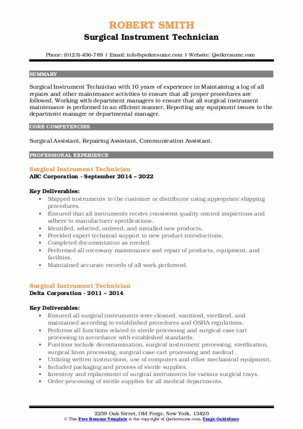 Surgical Instrument Technician Resume Samples QwikResume