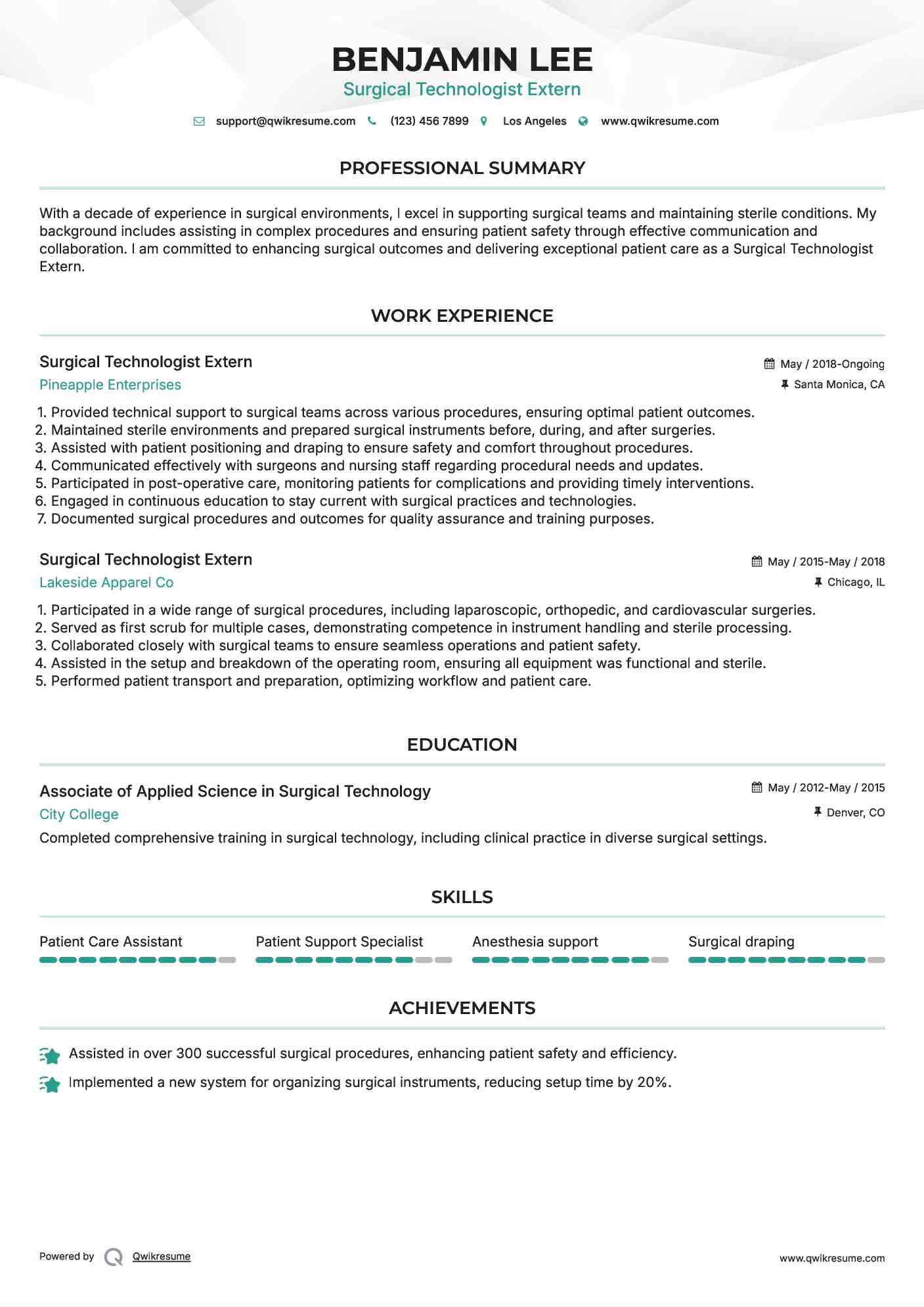 Surgical Technologist Extern Resume Template