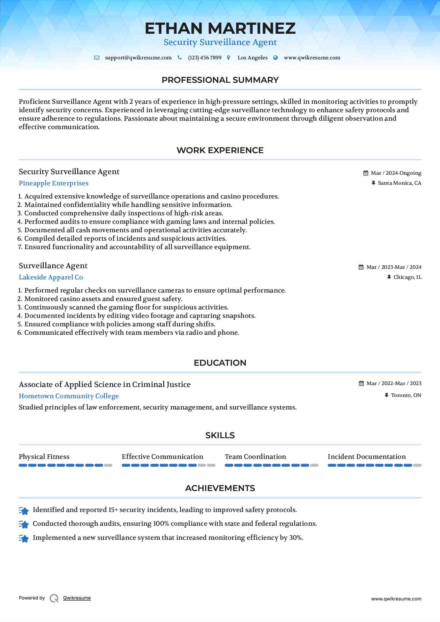 Security Surveillance Agent Resume Format