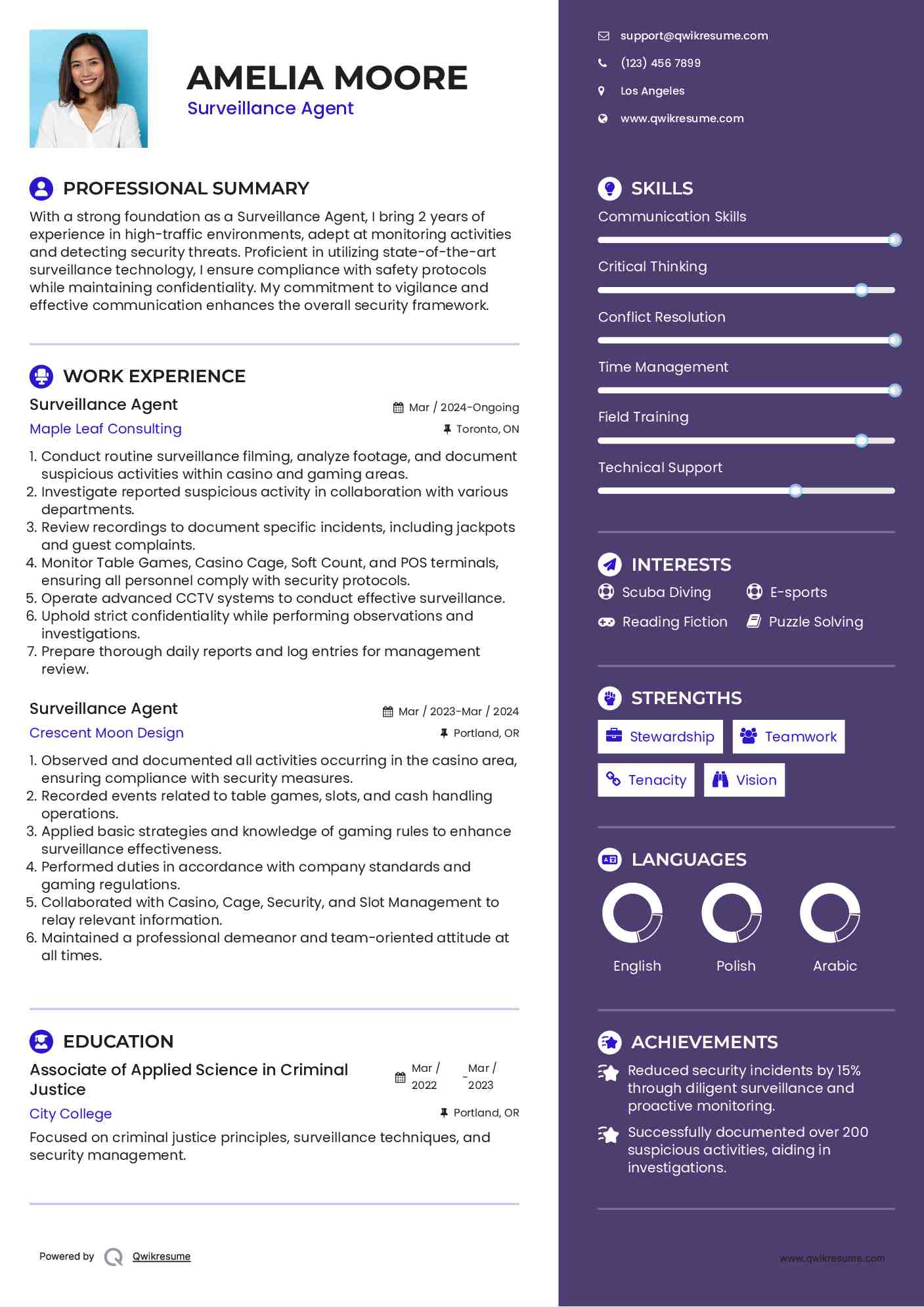 Surveillance Agent Resume Example