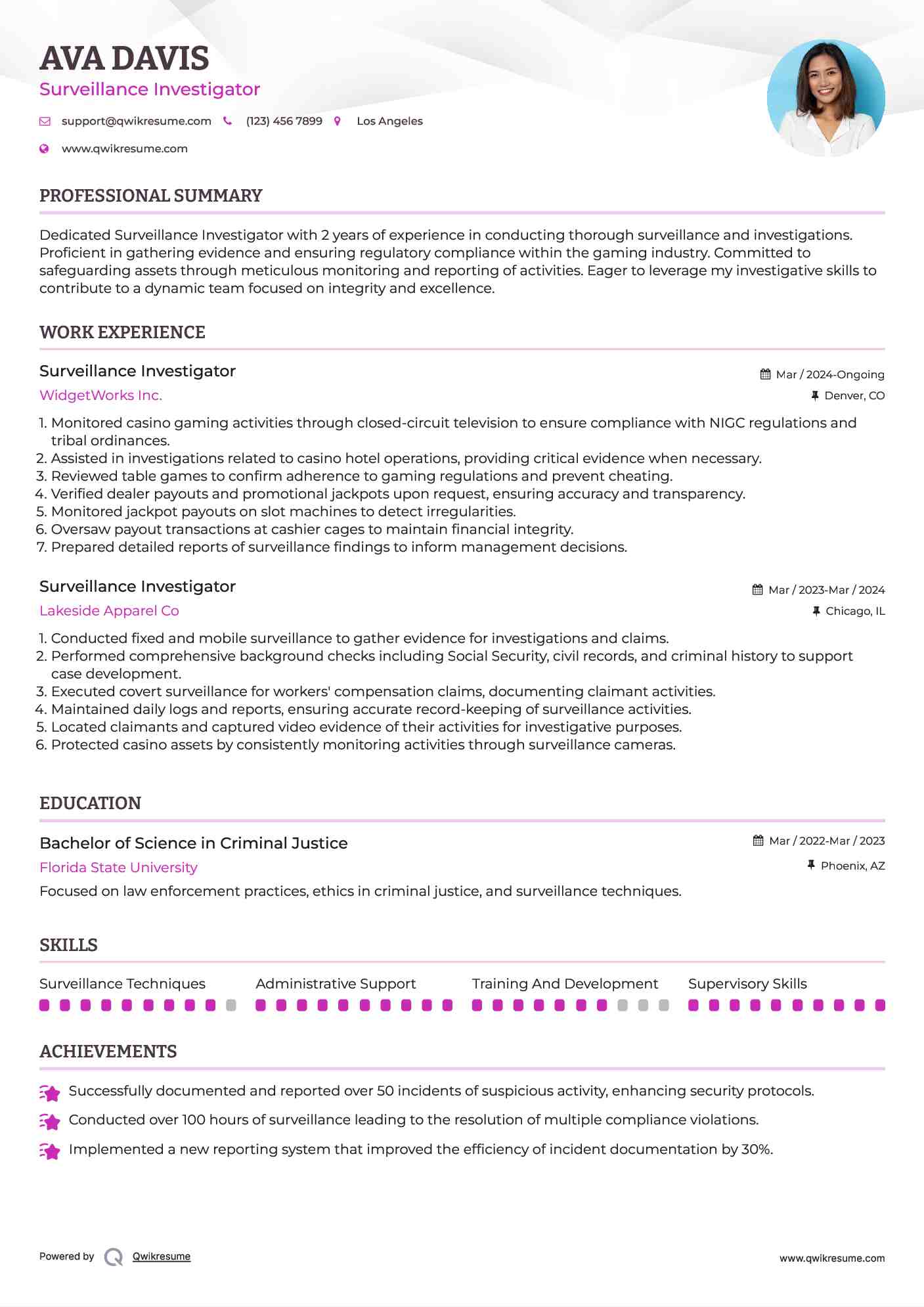 Surveillance Investigator Resume Format