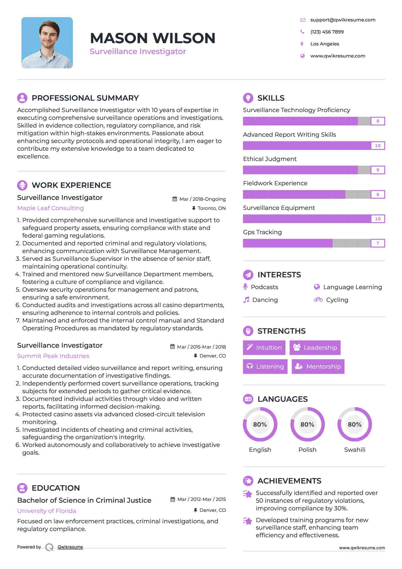 Surveillance Investigator Resume Model