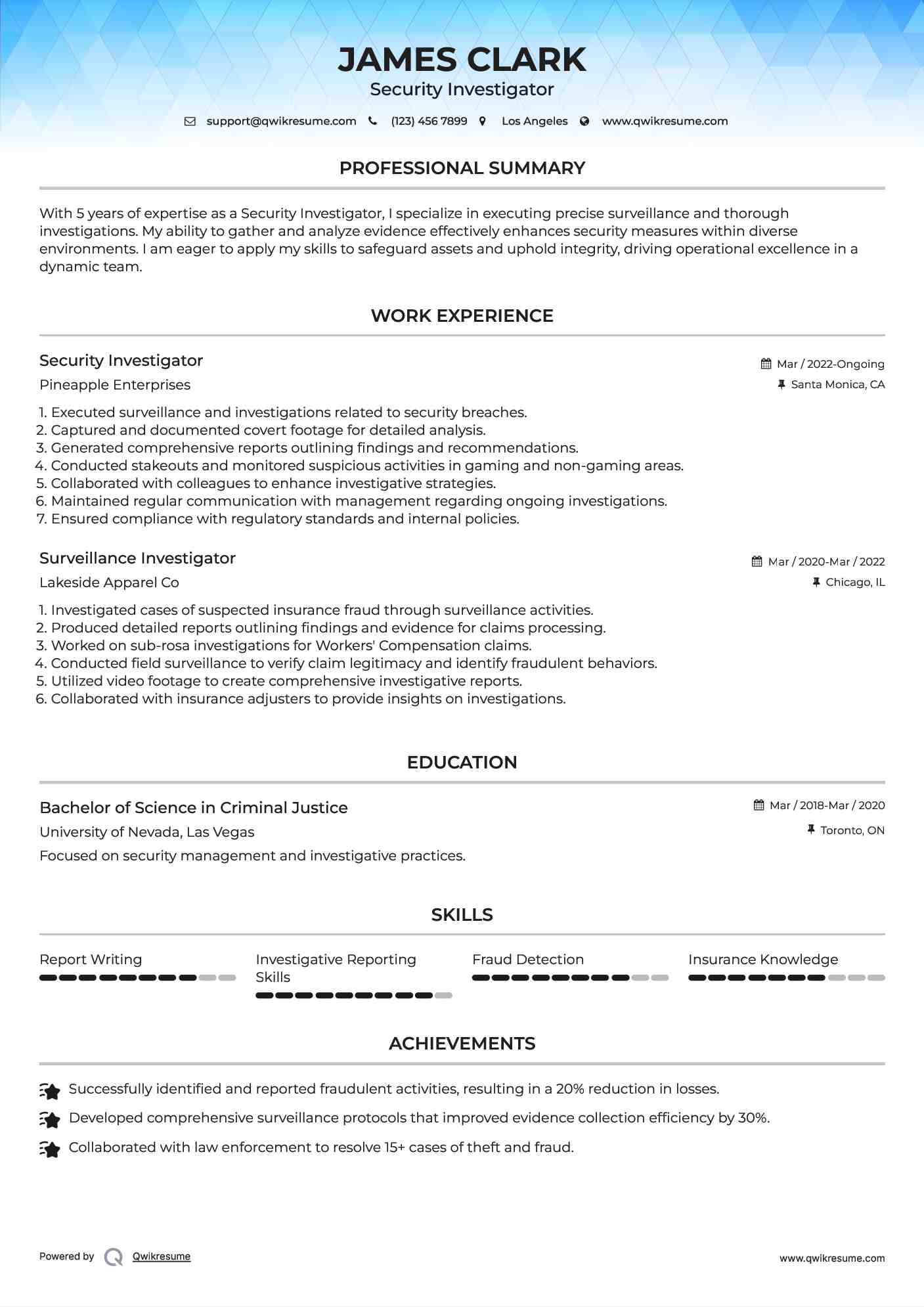 Security Investigator Resume Model