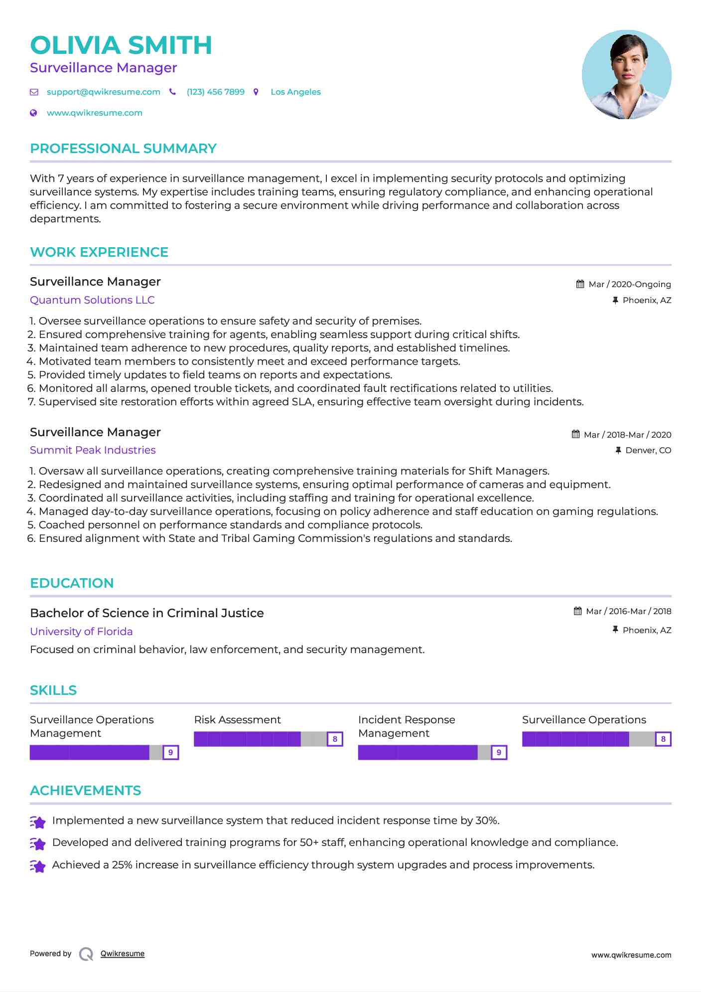 Surveillance Manager Resume Sample