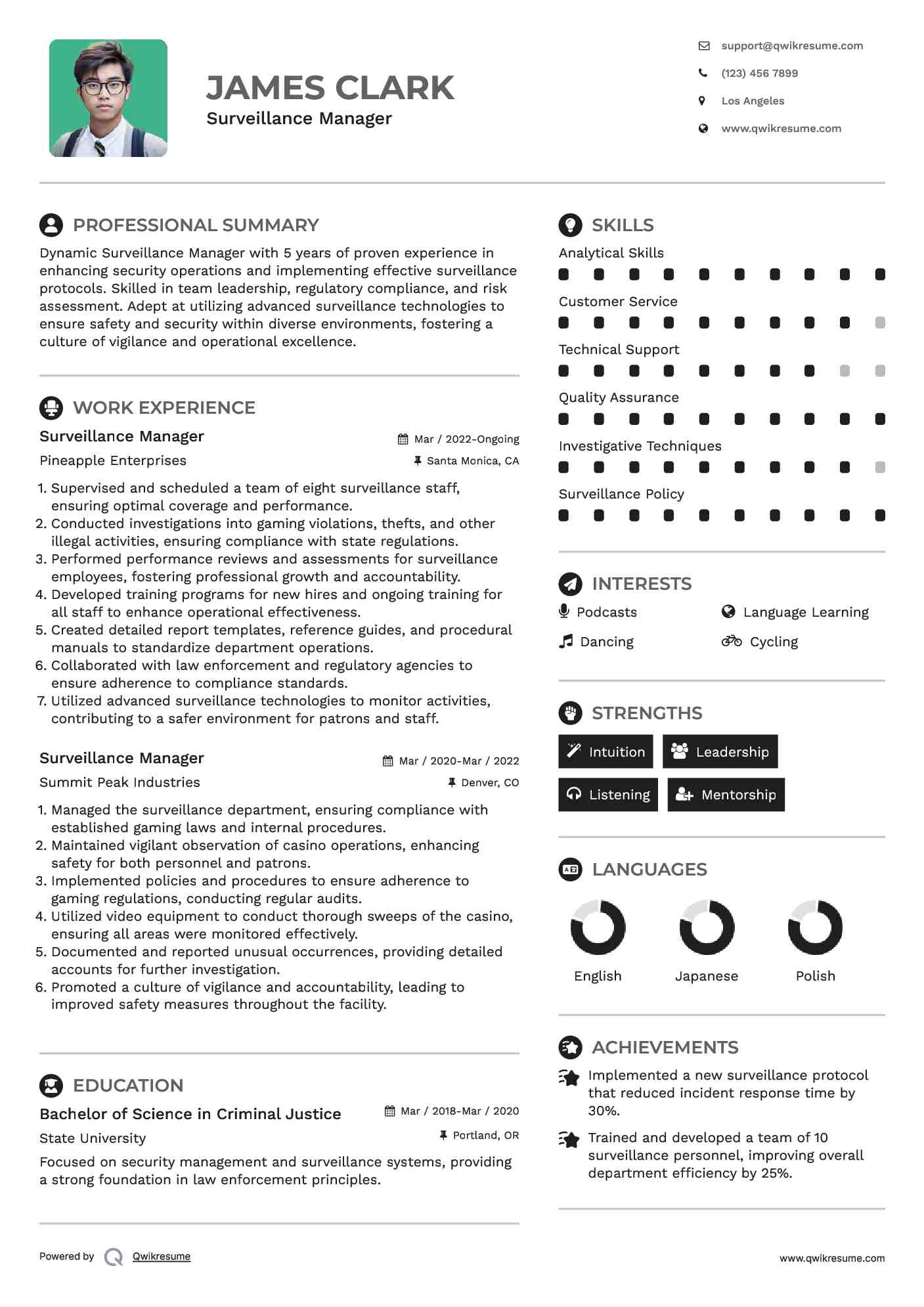 Surveillance Manager Resume Example