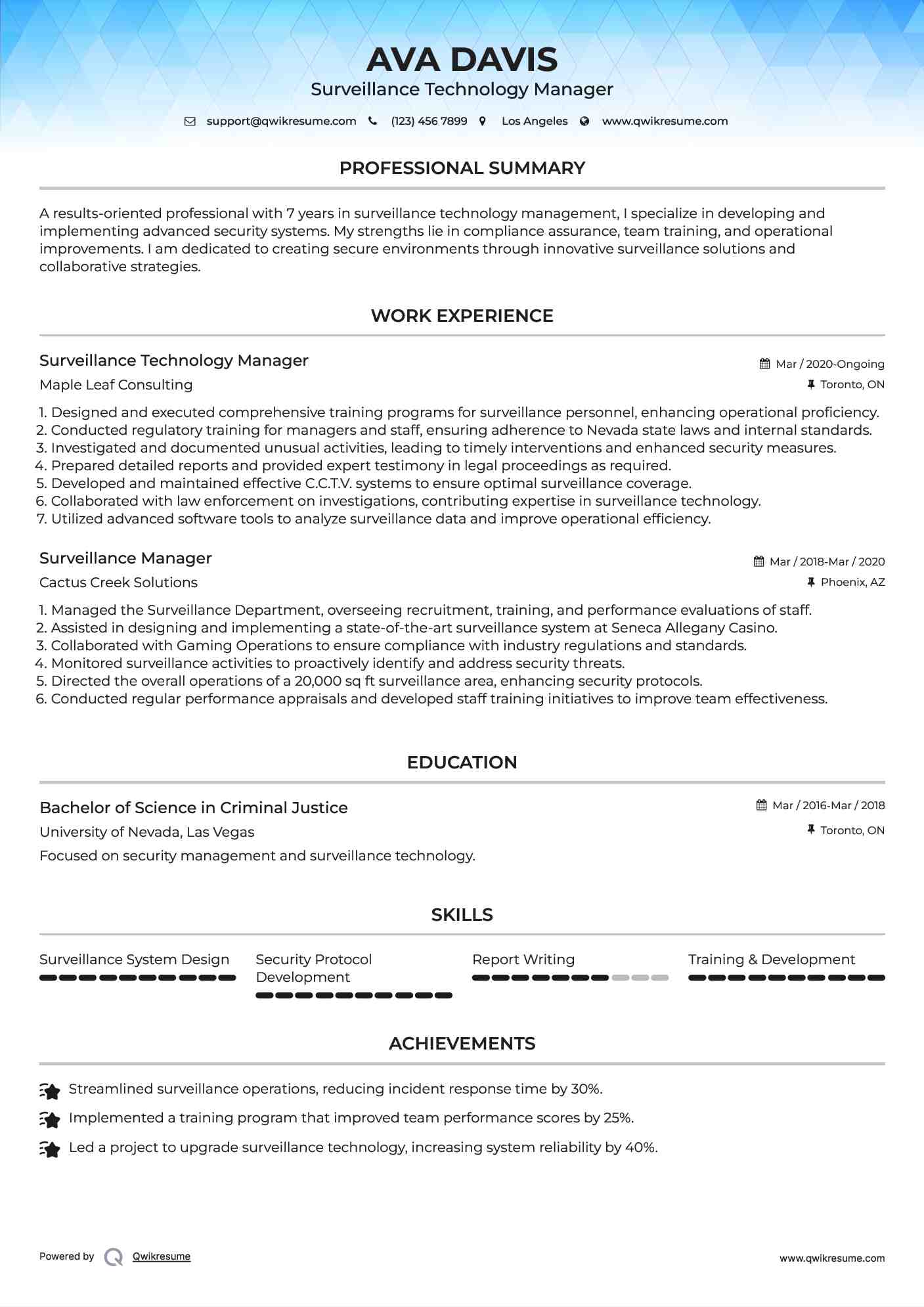 Surveillance Manager Resume Samples QwikResume
