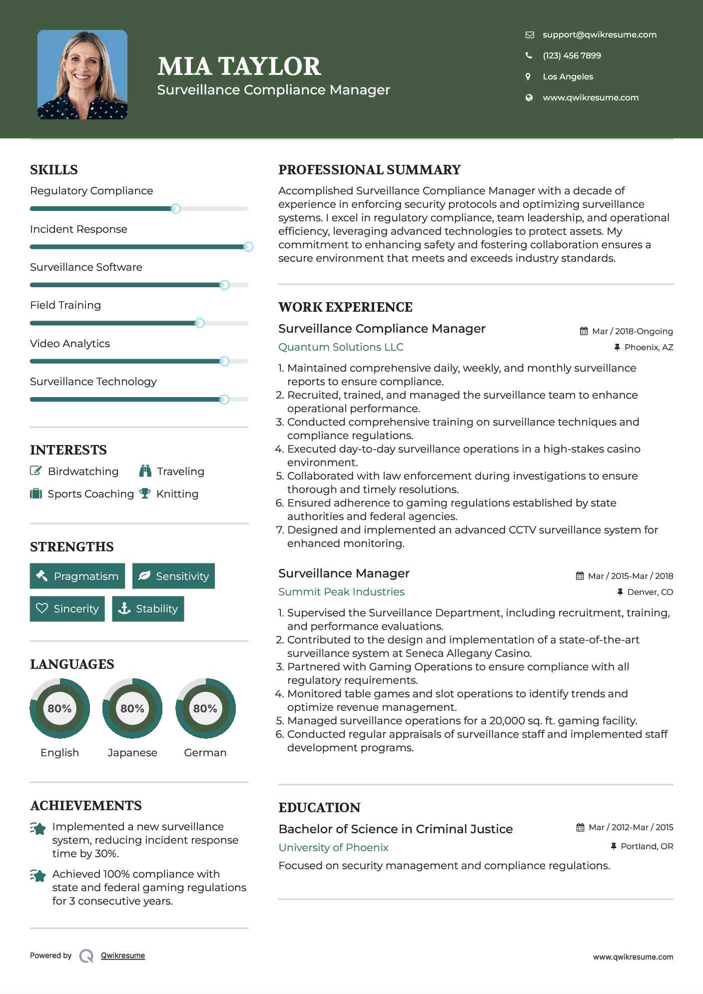 Surveillance Compliance Manager Resume Sample