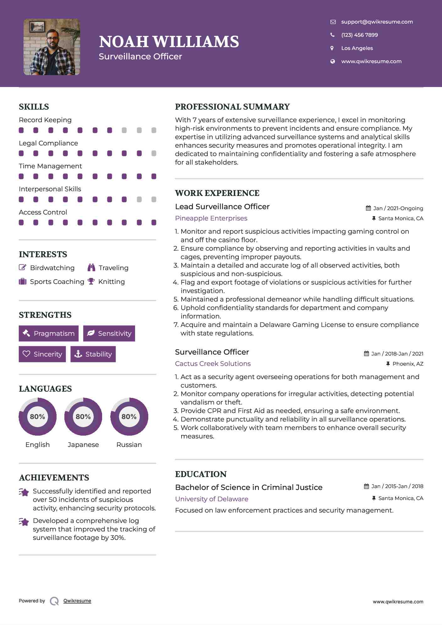 Lead Surveillance Officer Resume Example