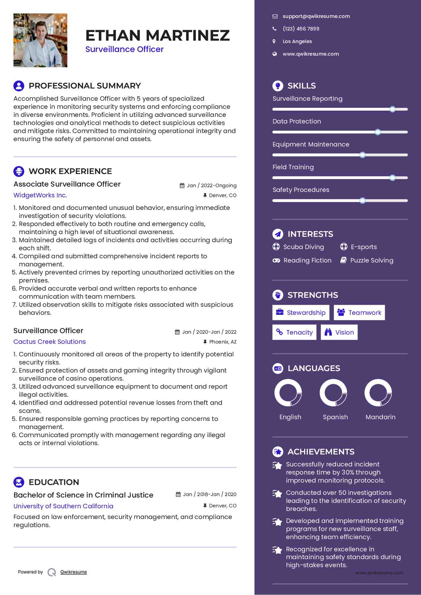 Associate Surveillance Officer Resume Example