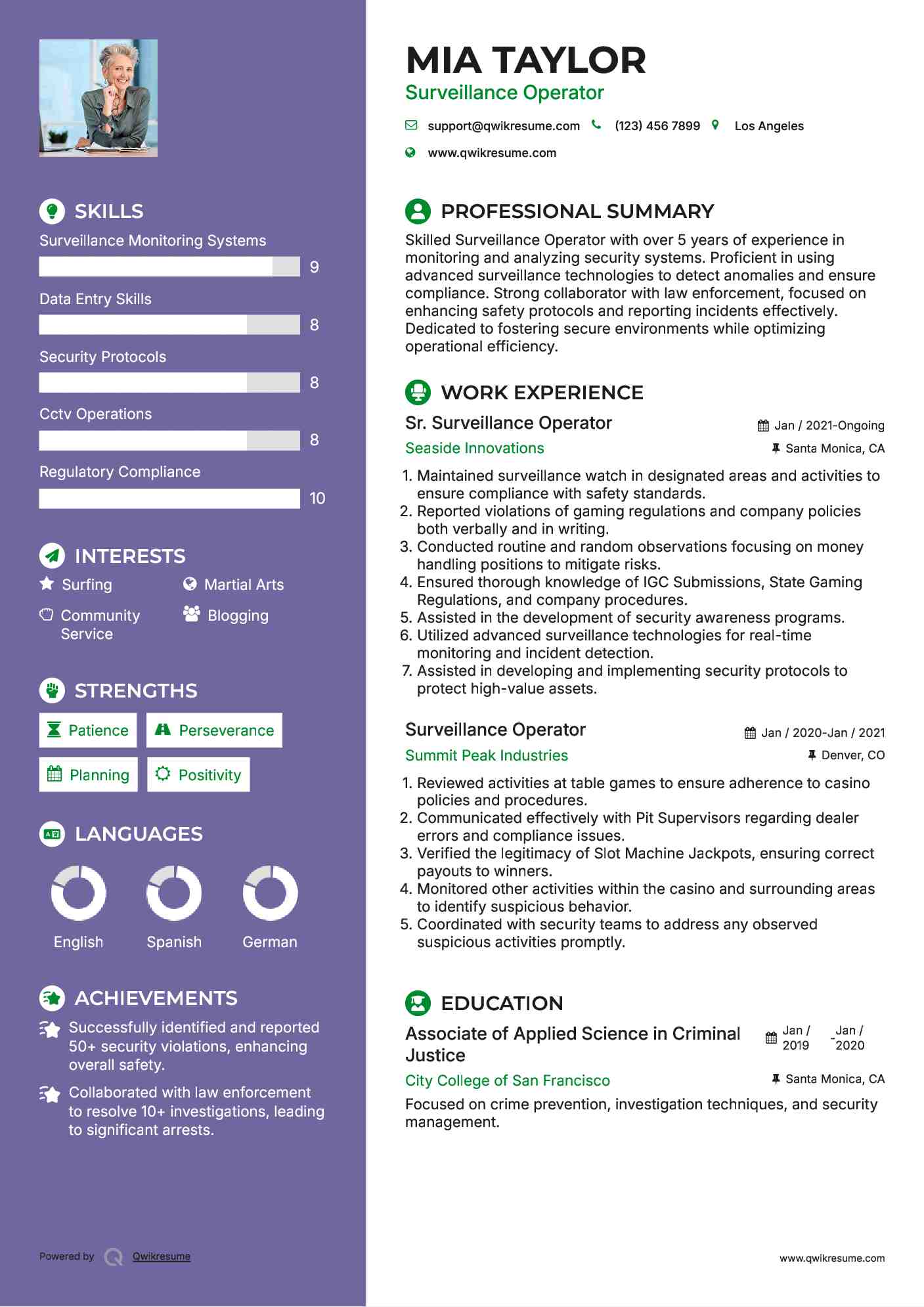 Sr. Surveillance Operator Resume Example