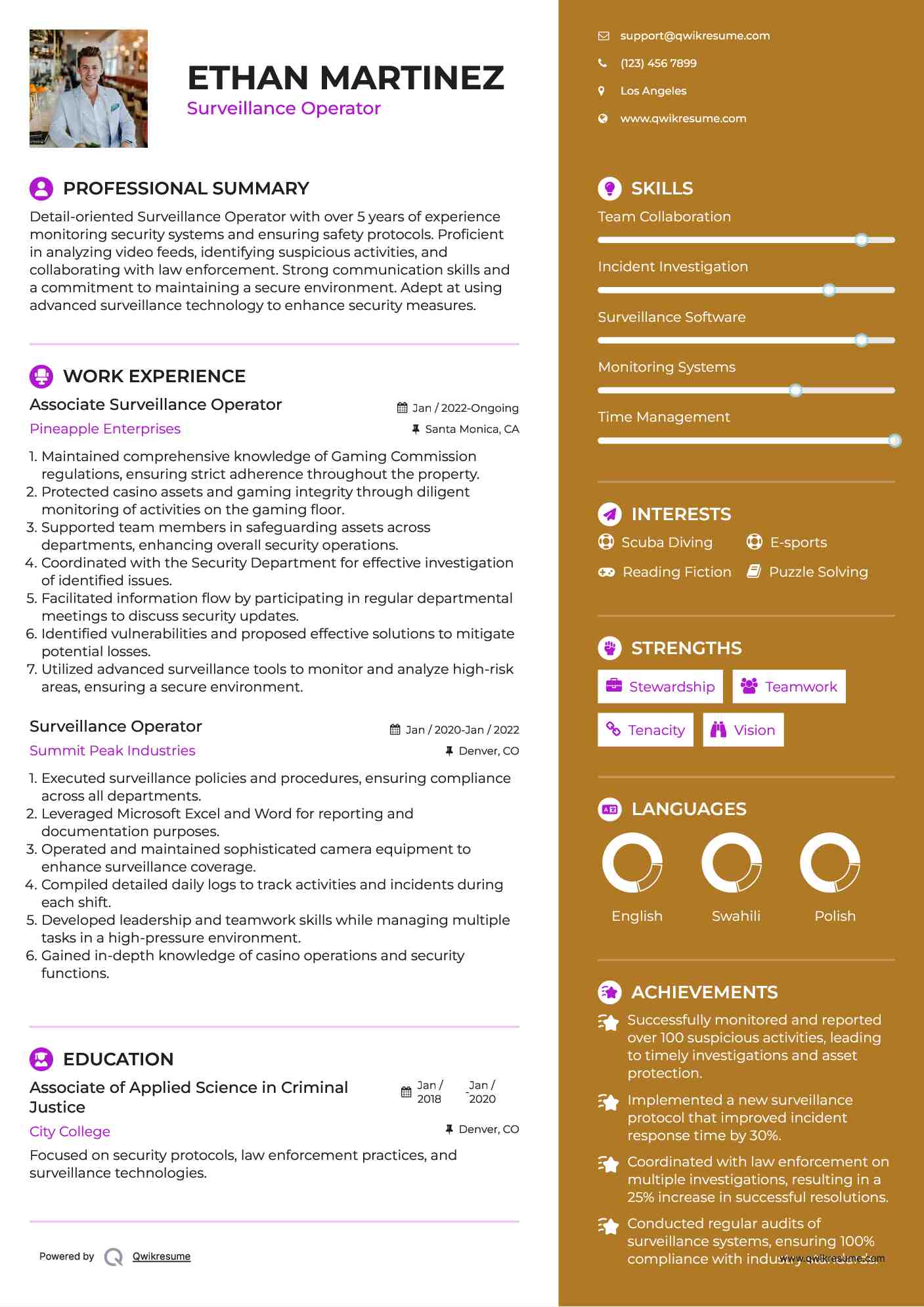 Associate Surveillance Operator Resume Example