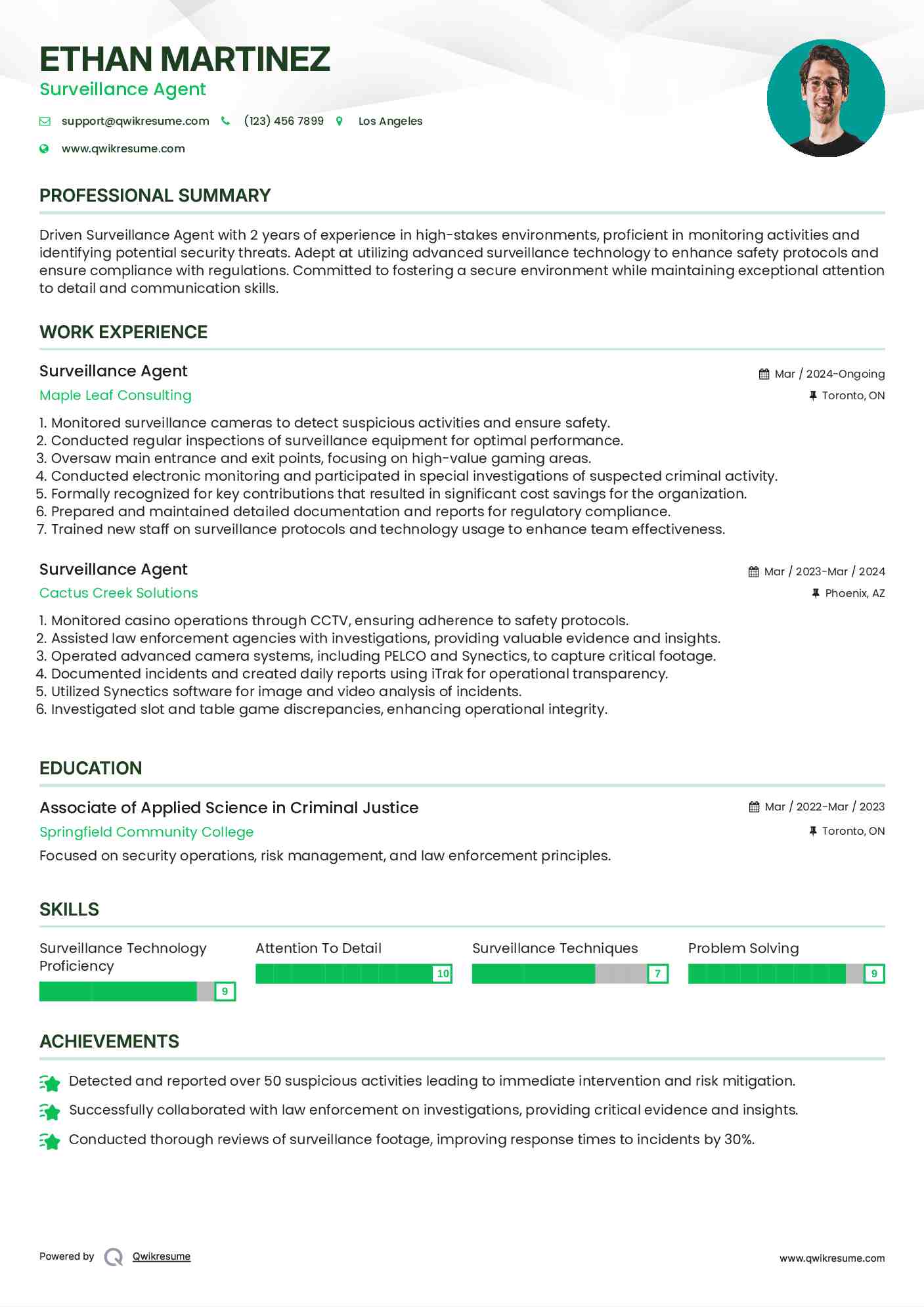 Surveillance Agent Resume Sample