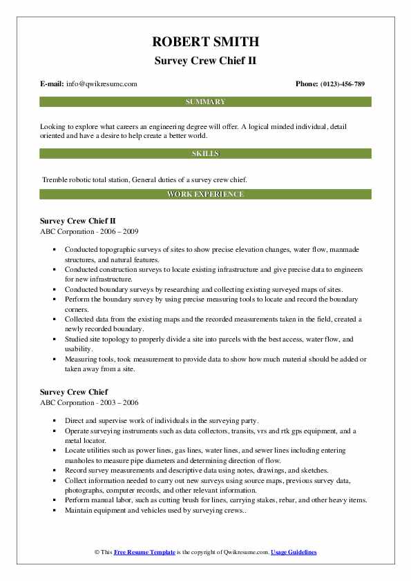 Survey Crew Chief Resume Samples | QwikResume
