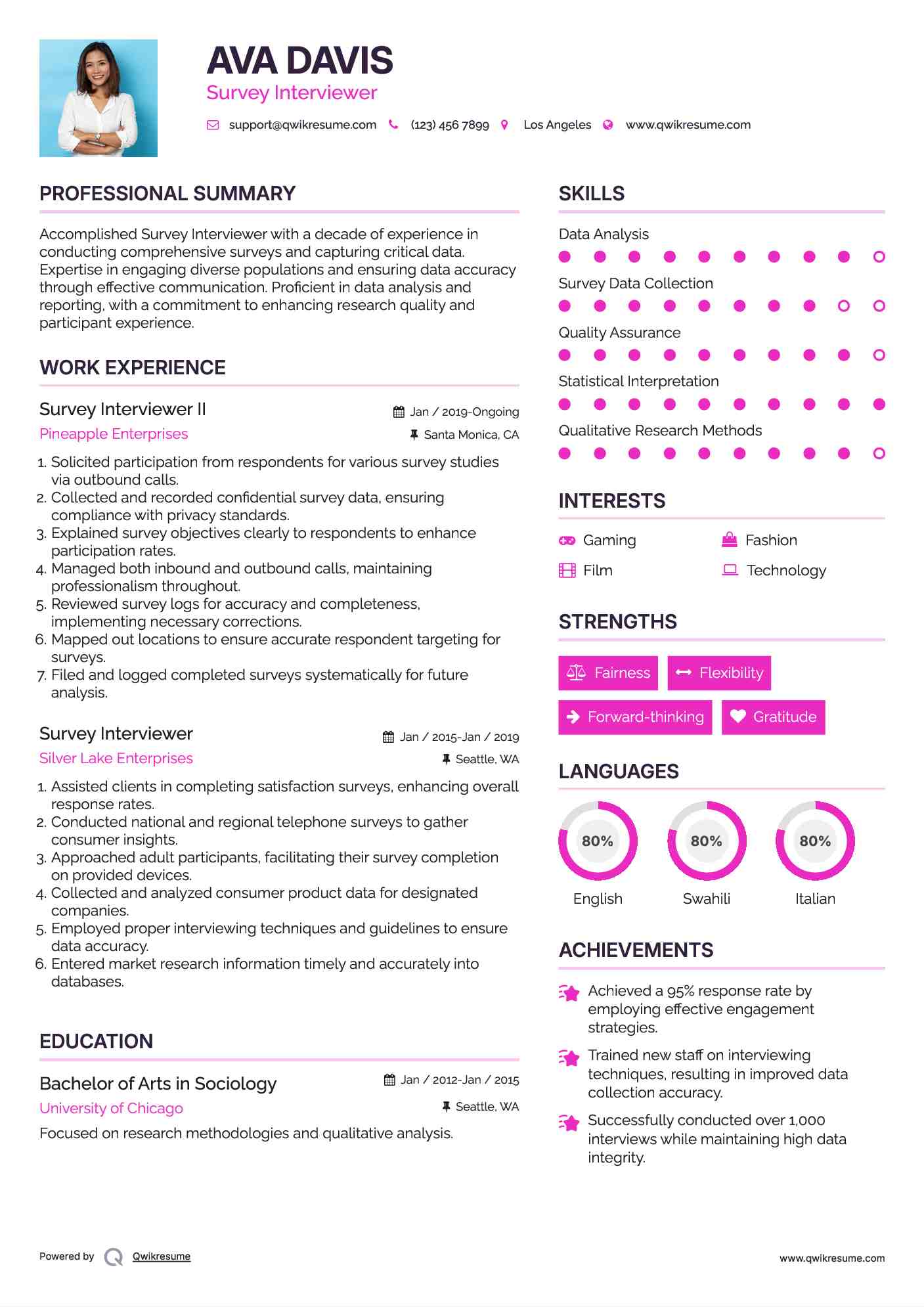 Survey Interviewer II Resume Example