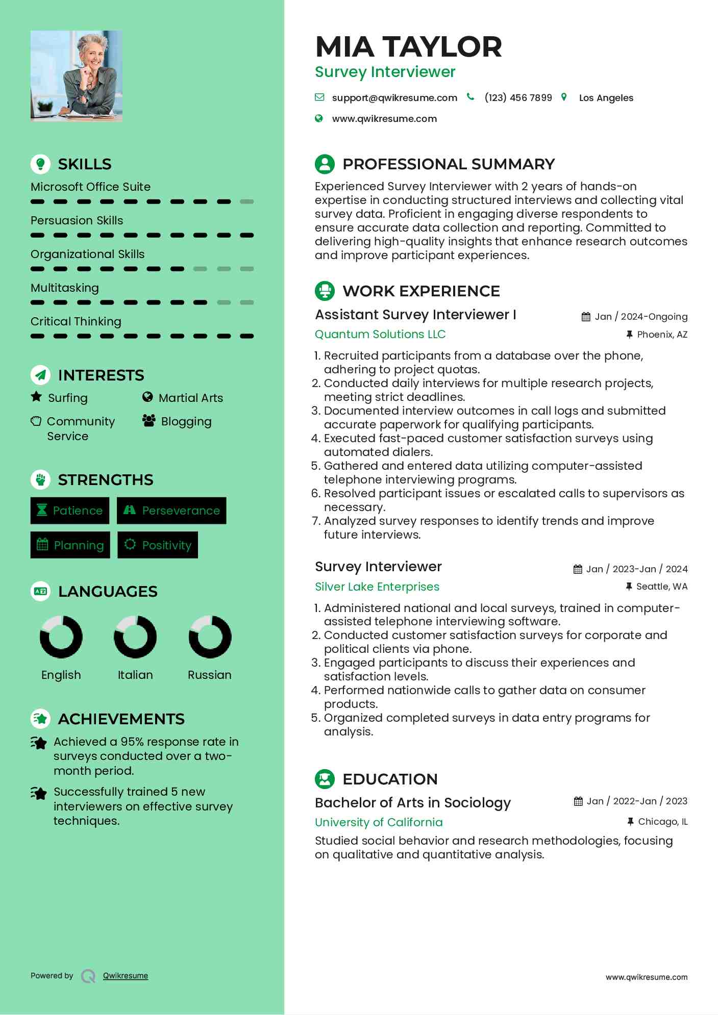 Assistant Survey Interviewer I Resume Format