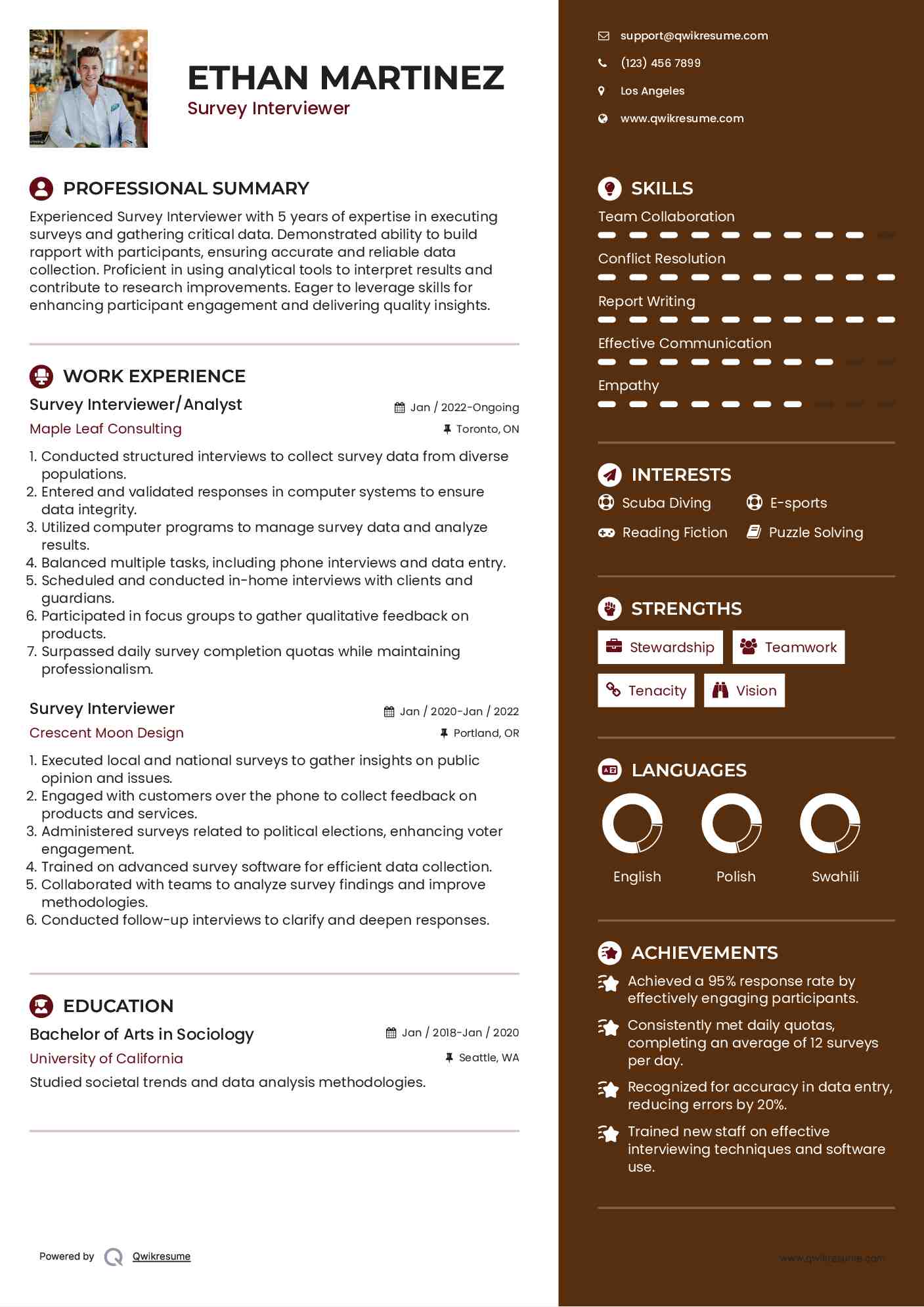 Survey Interviewer/Analyst Resume Example