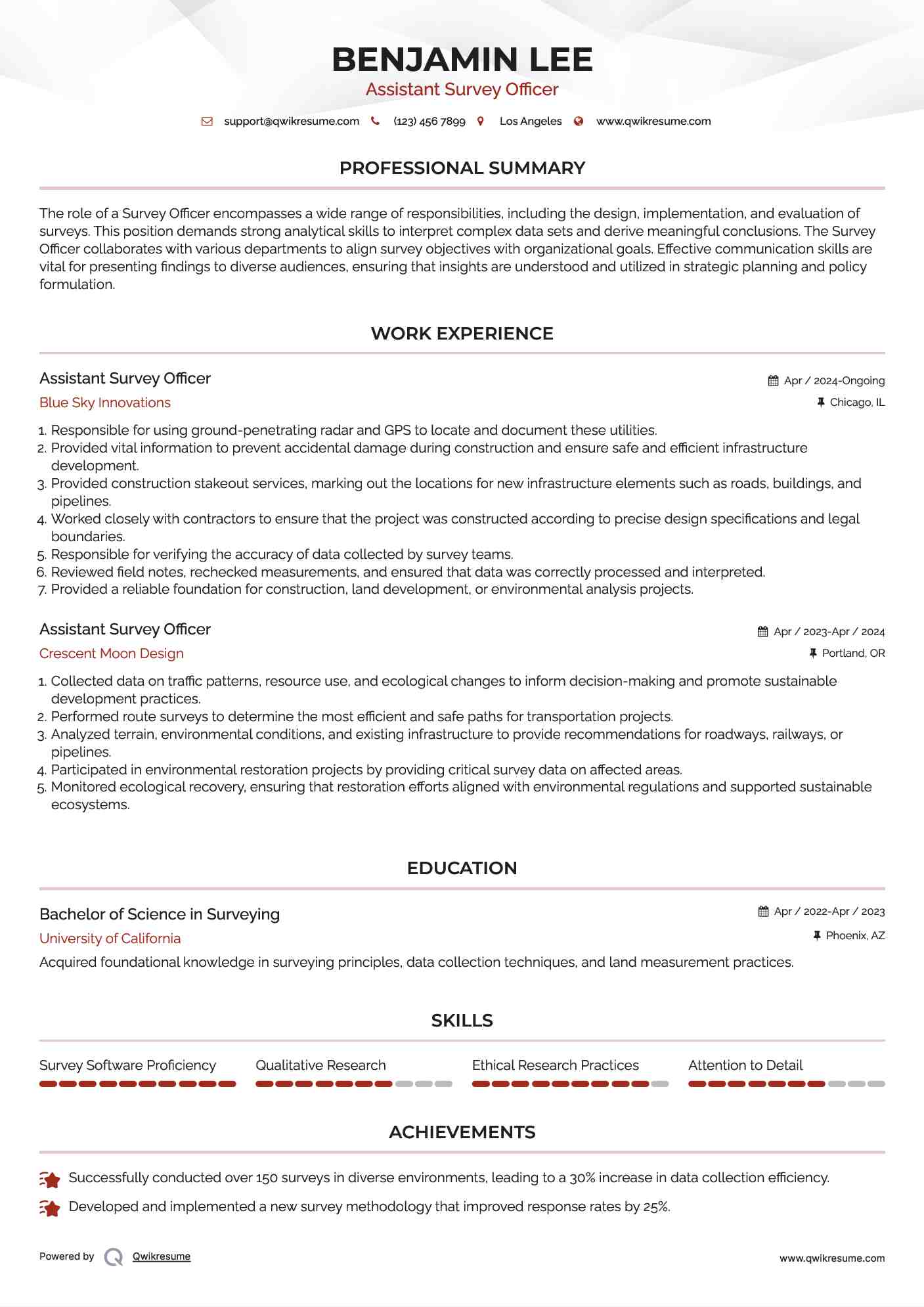Assistant Survey Officer Resume Example