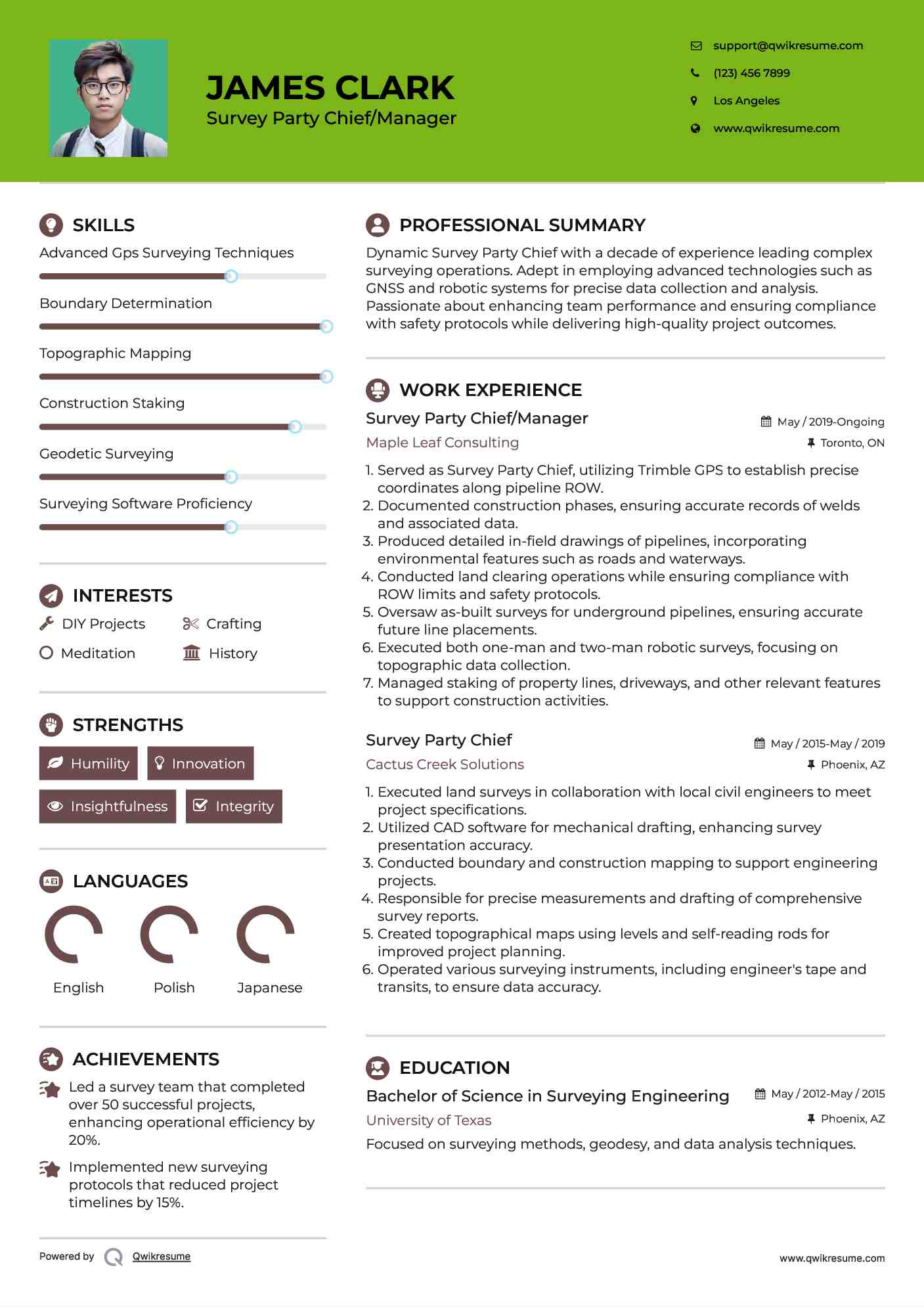 Survey Party Chief/Manager Resume Sample