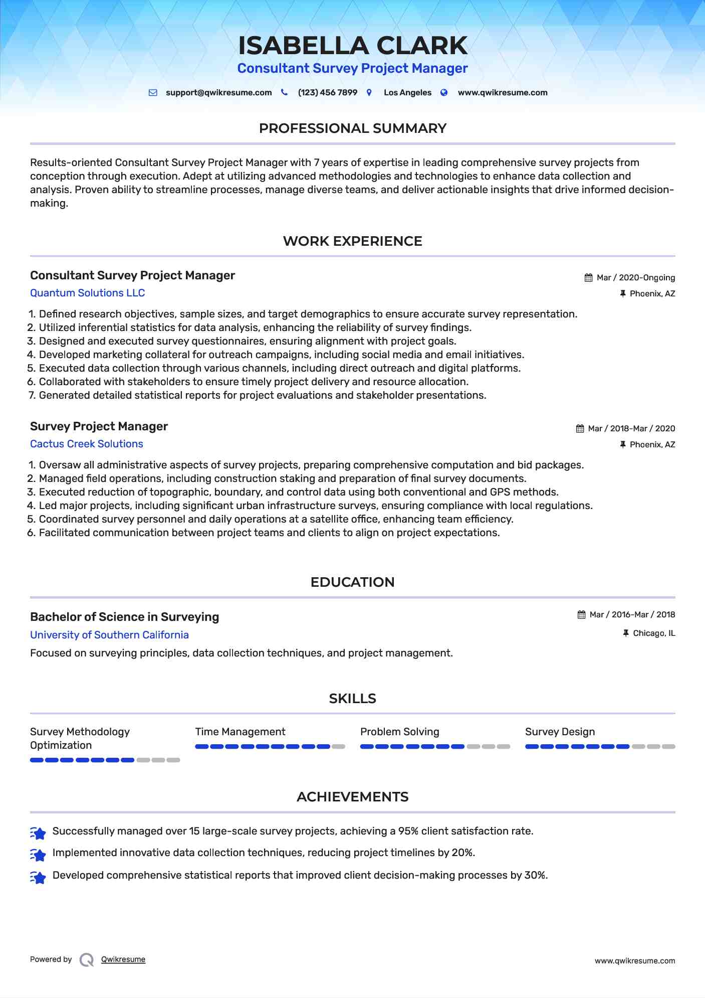Consultant Survey Project Manager Resume Model