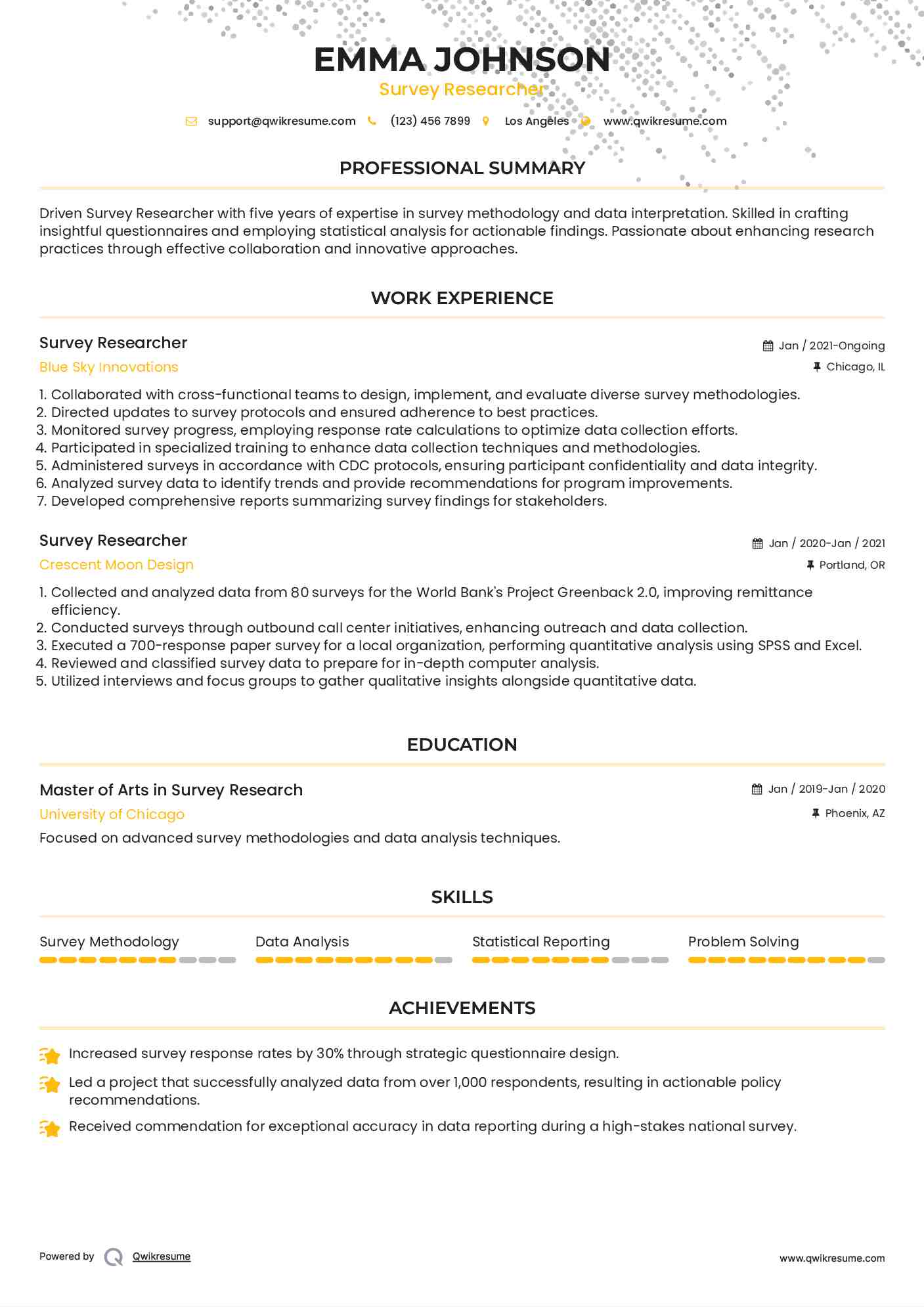 Survey Researcher Resume Example