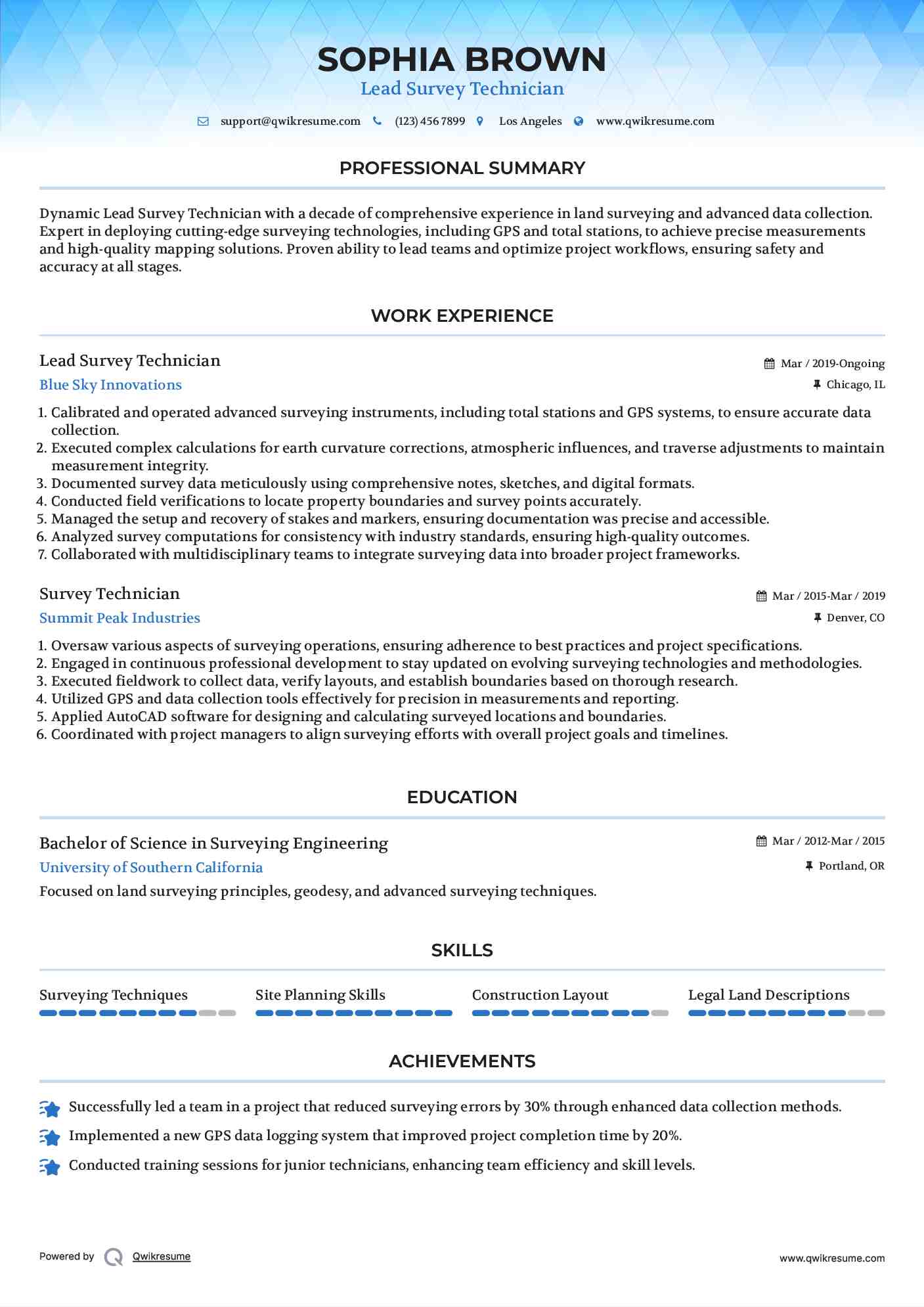 Lead Survey Technician Resume Model