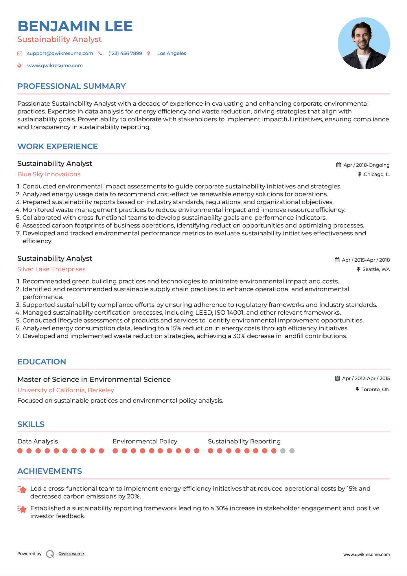 Sustainability Analyst Resume Example