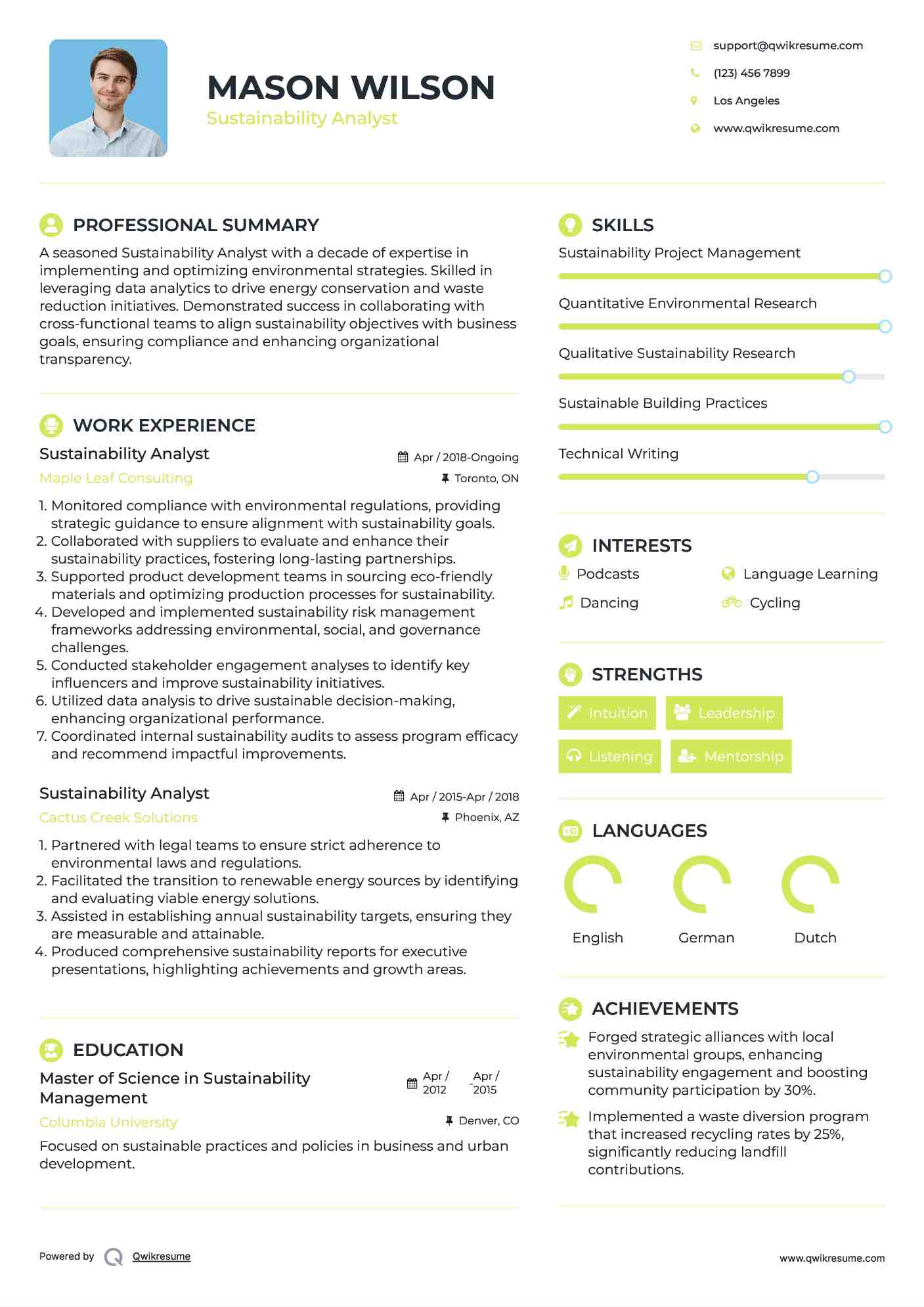 Sustainability Analyst Resume Format