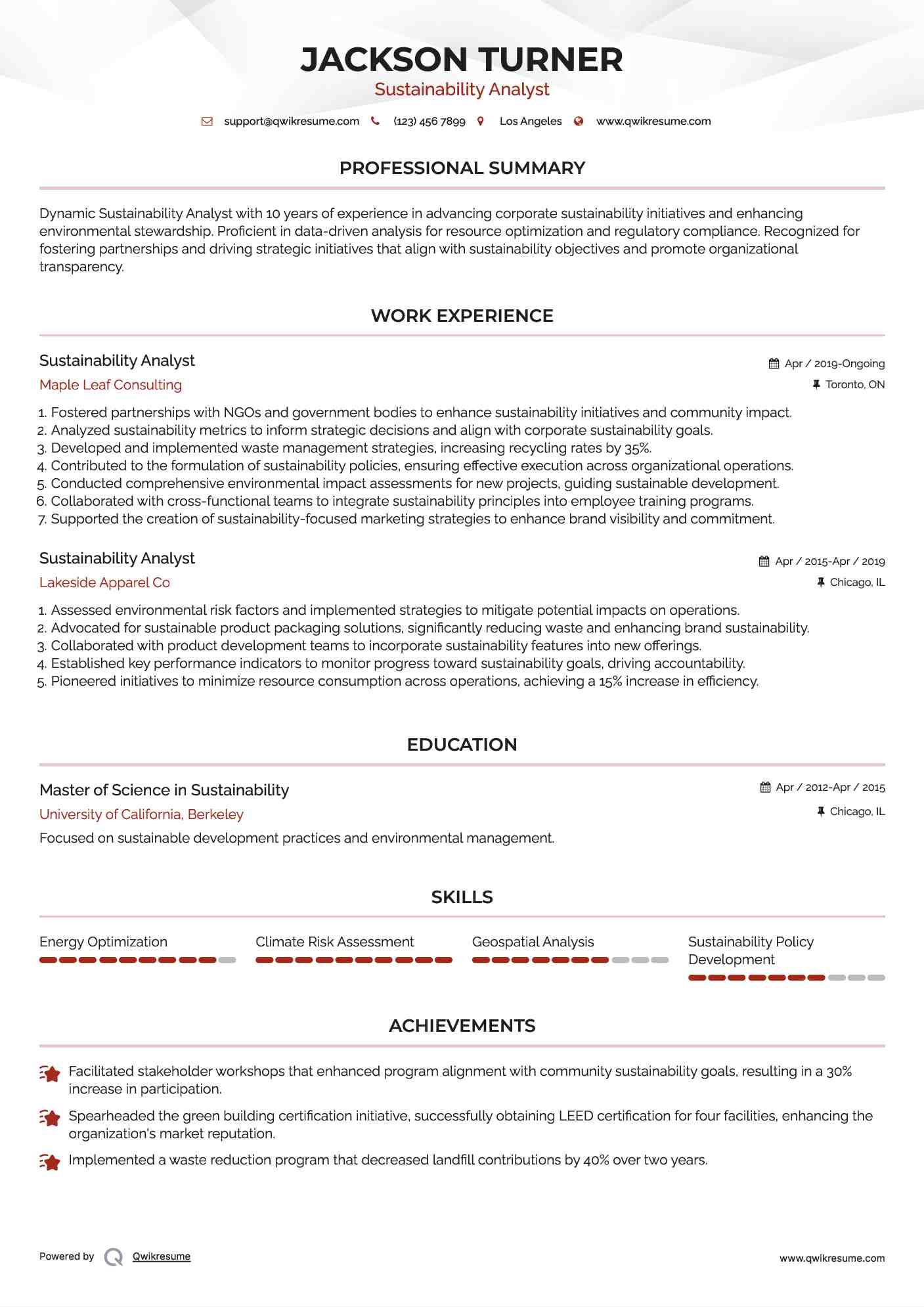 Sustainability Analyst Resume Model