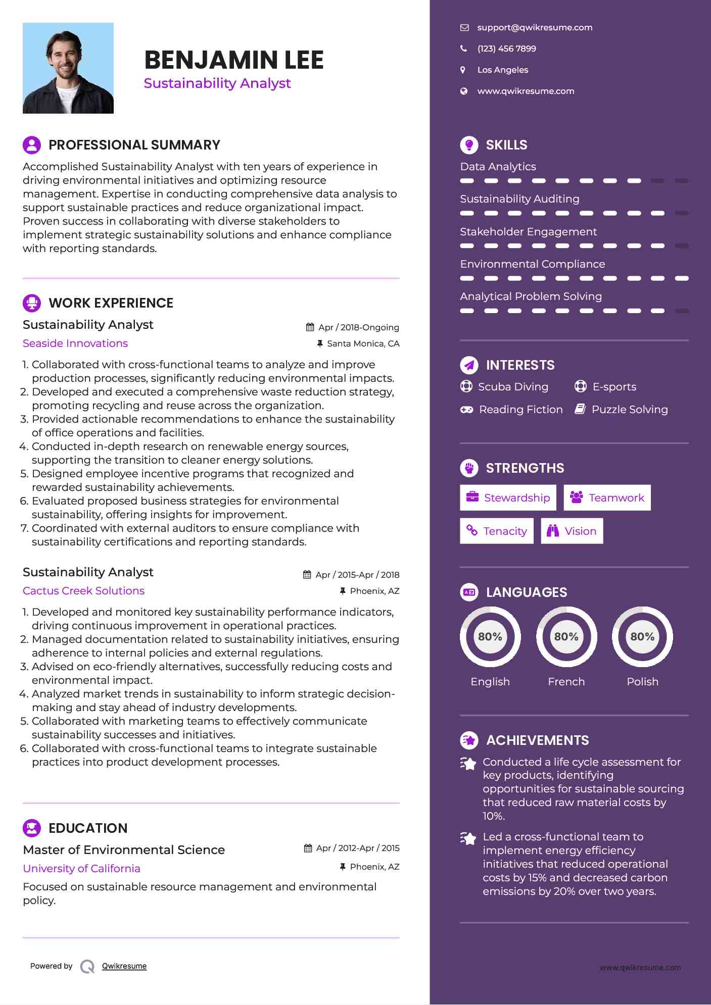 Sustainability Analyst Resume Example