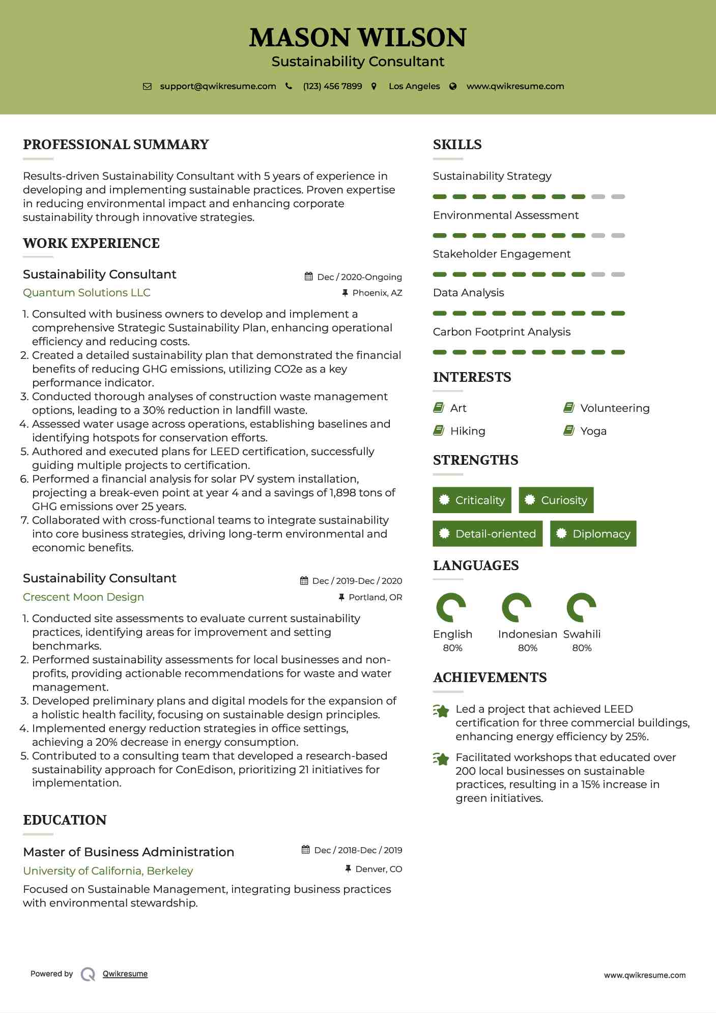Sustainability Consultant Resume Example