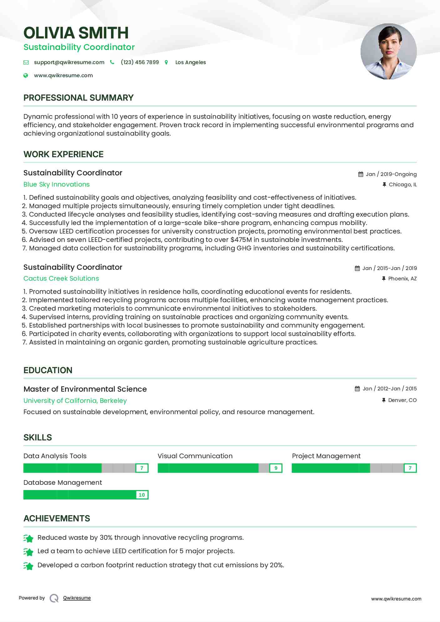 Sustainability Coordinator Resume Model