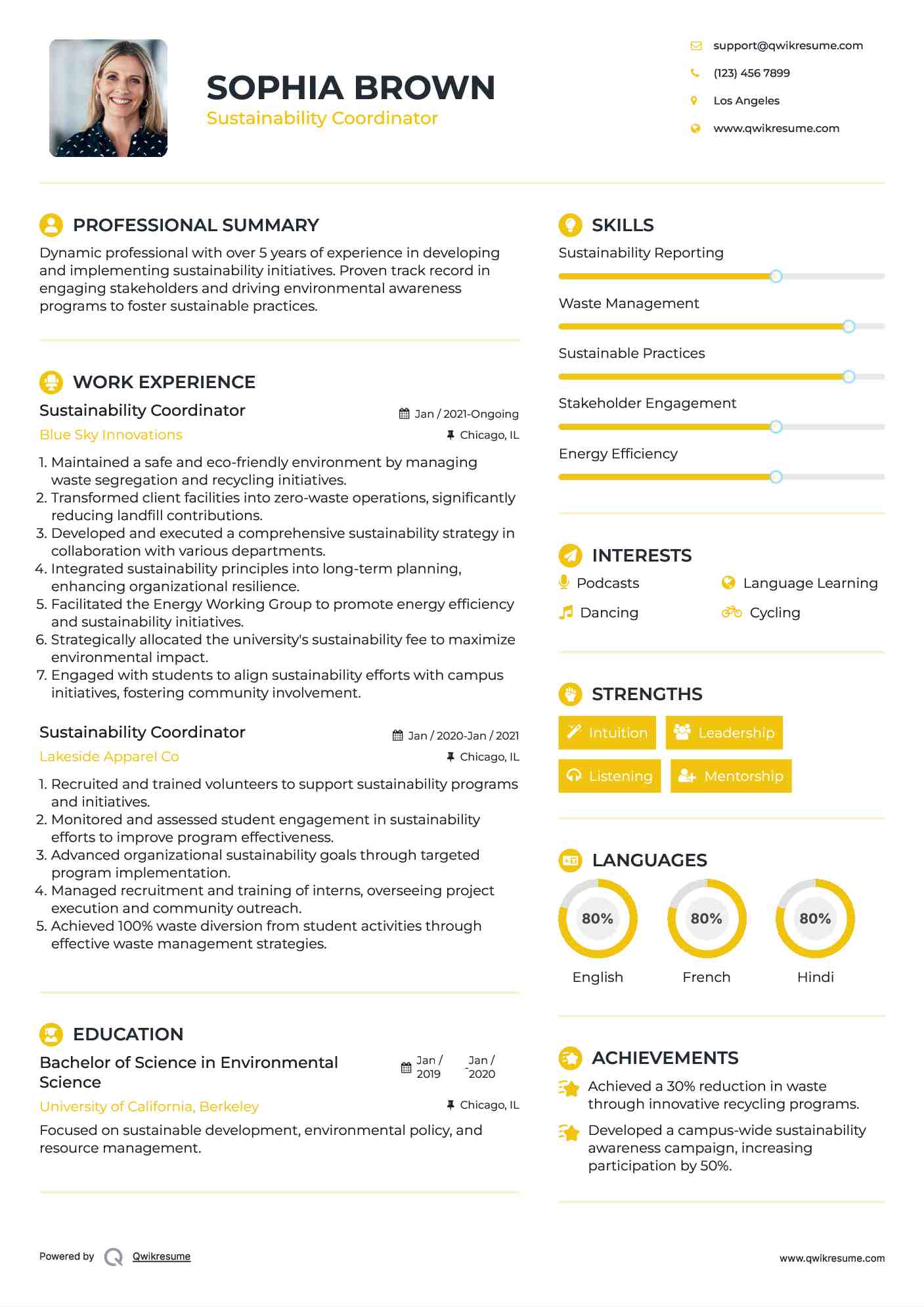 Sustainability Coordinator Resume Model