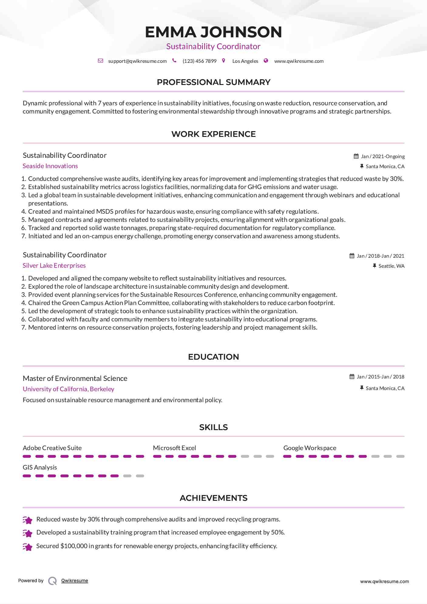 Sustainability Coordinator Resume Model