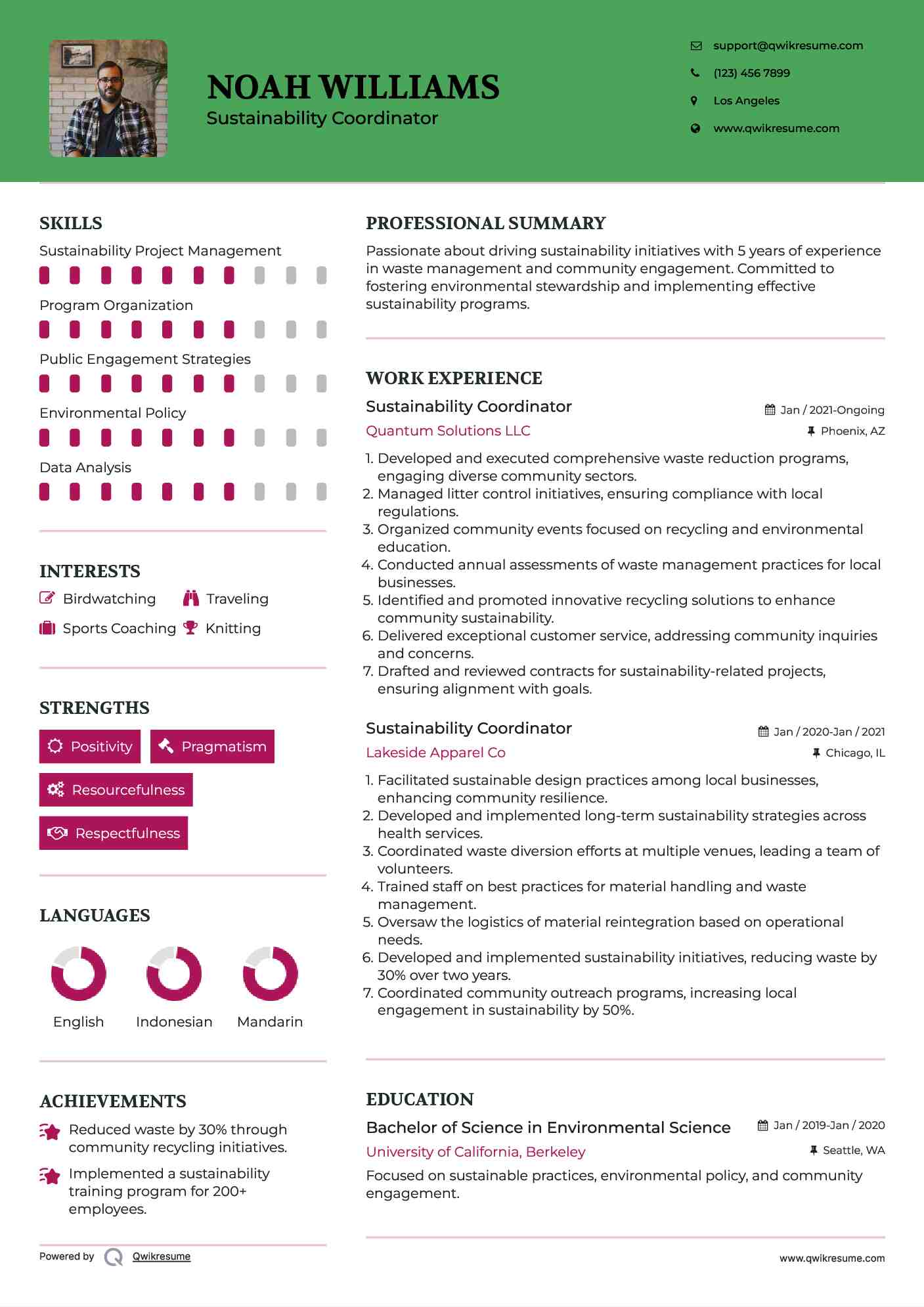 Sustainability Coordinator Resume Template