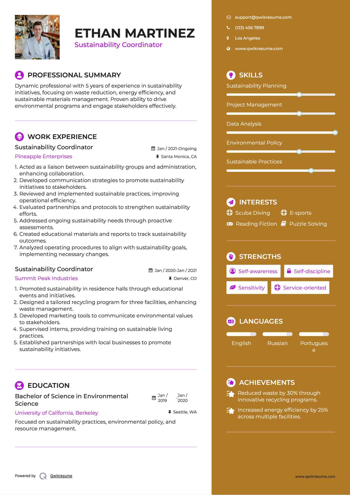 Sustainability Coordinator Resume Model