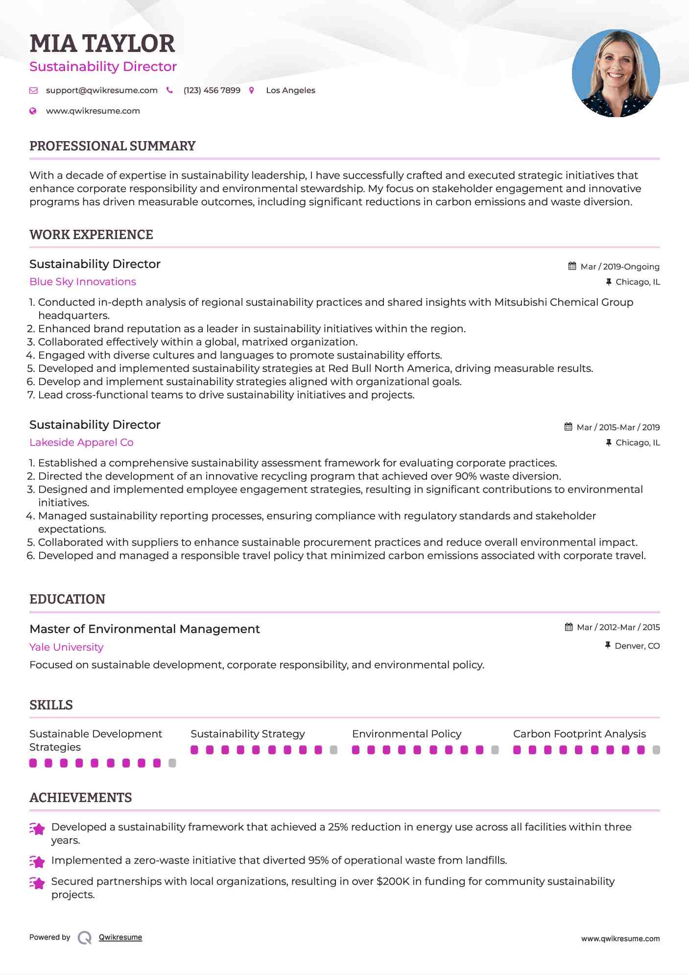 Sustainability Director Resume Format