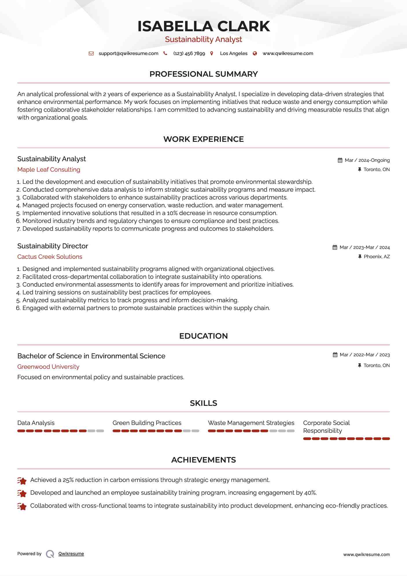 Sustainability Analyst Resume Sample
