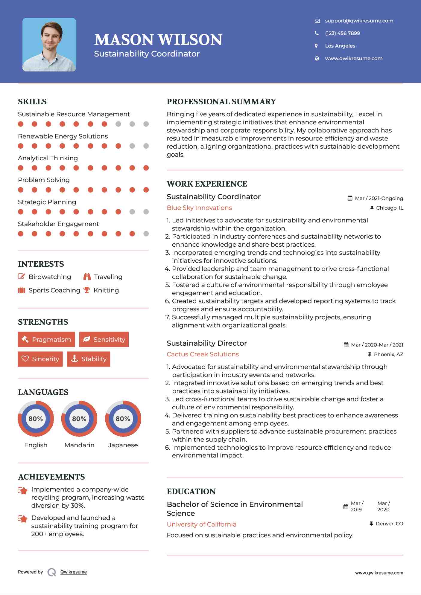 Sustainability Coordinator Resume Model