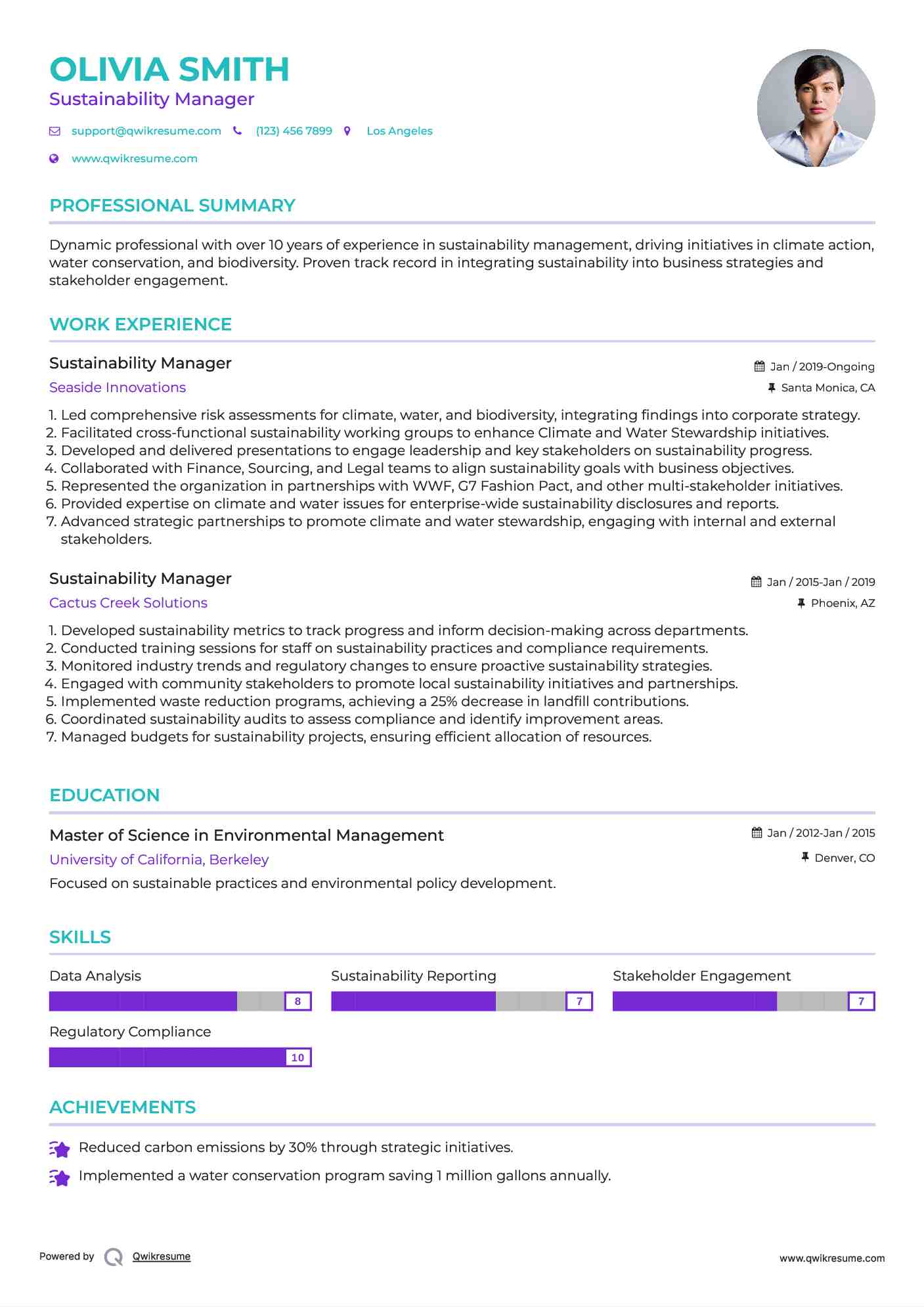 Sustainability Manager Resume Example