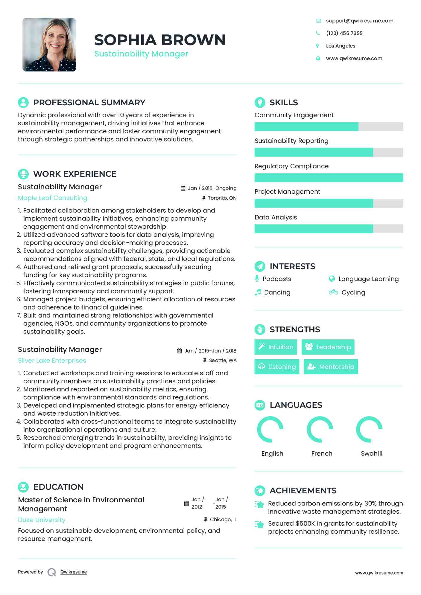 Sustainability Manager Resume Model