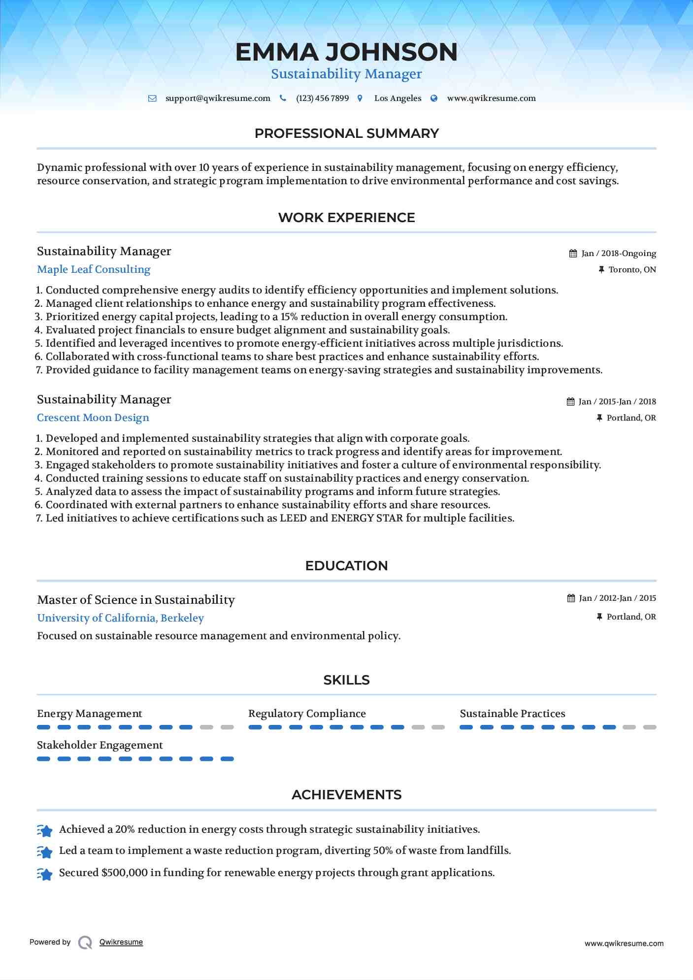 Sustainability Manager Resume Format