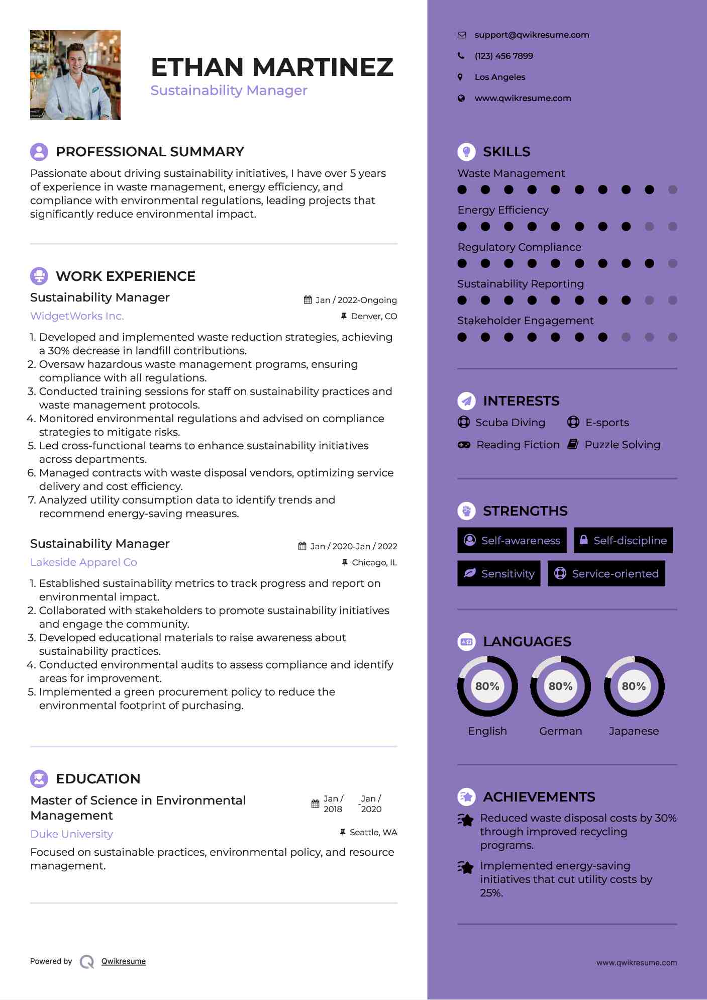 Sustainability Manager Resume Format