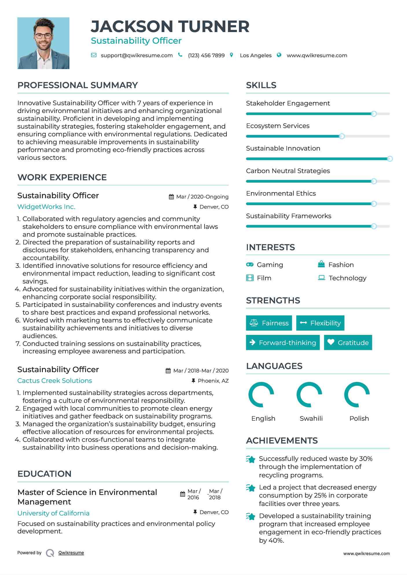 Sustainability Officer Resume Sample