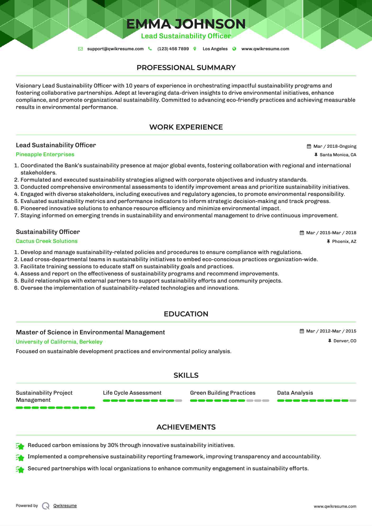 Lead Sustainability Officer Resume Model