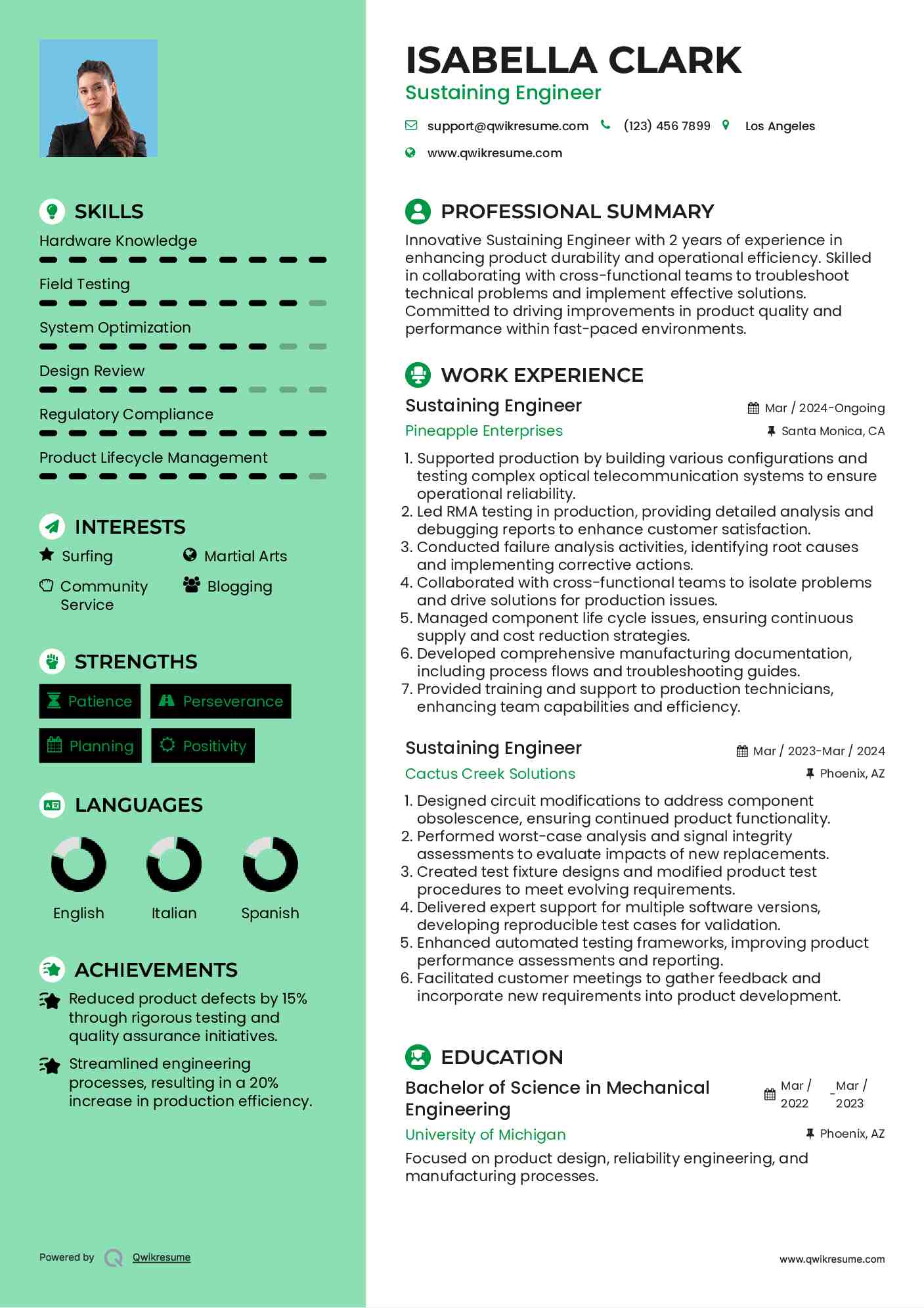 Sustaining Engineer Resume Format