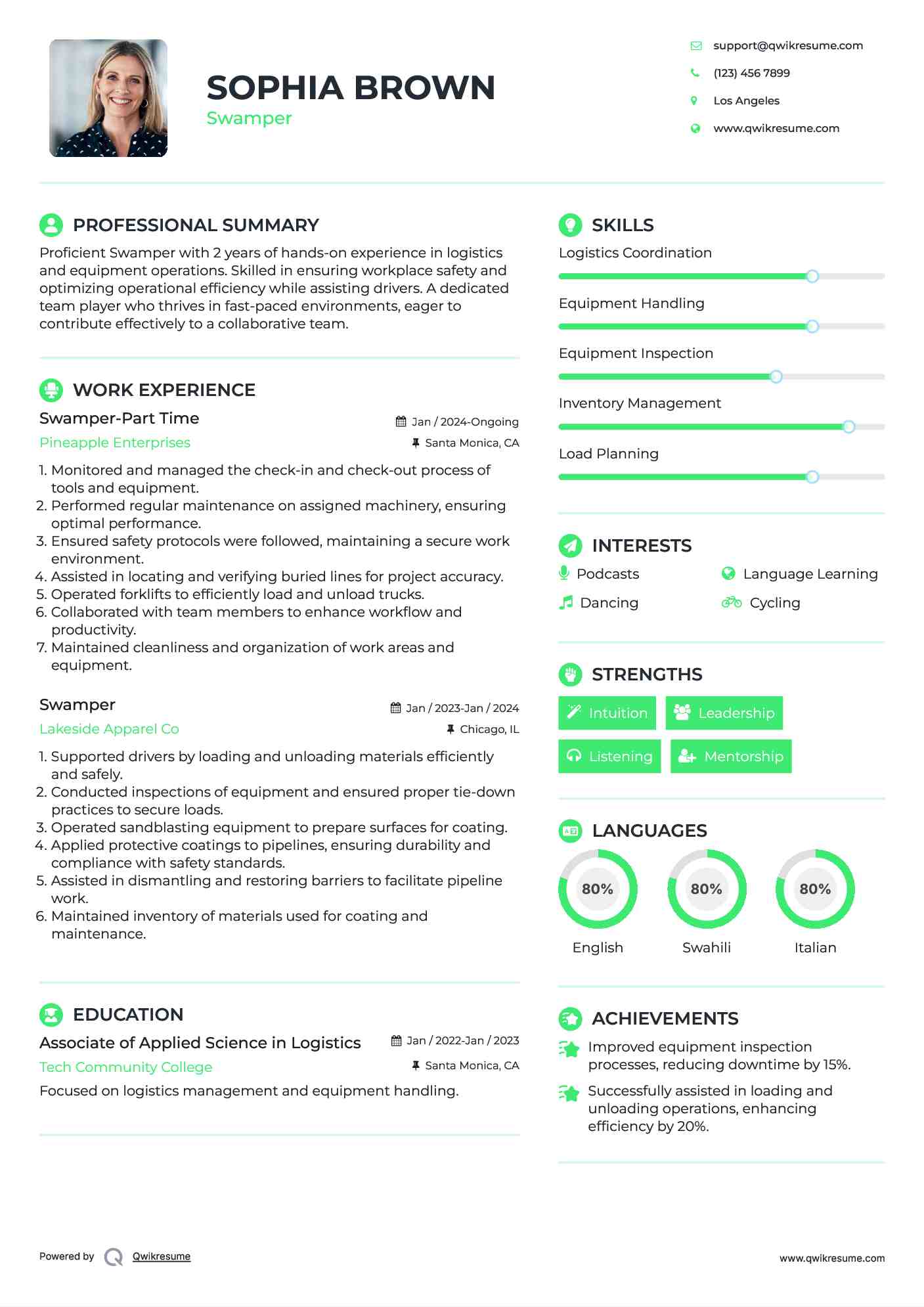 Swamper-Part Time Resume Example