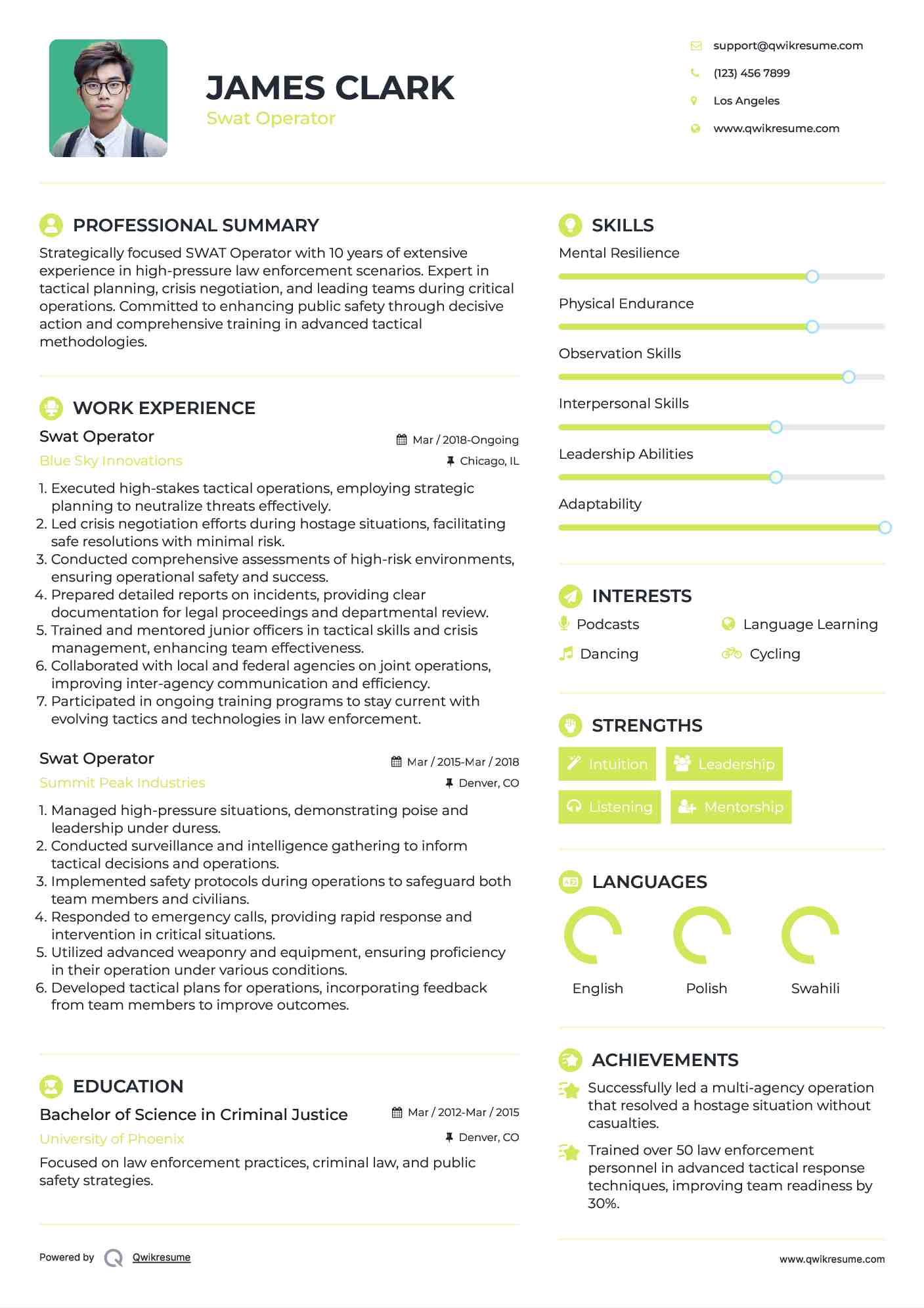 Swat Operator Resume Template
