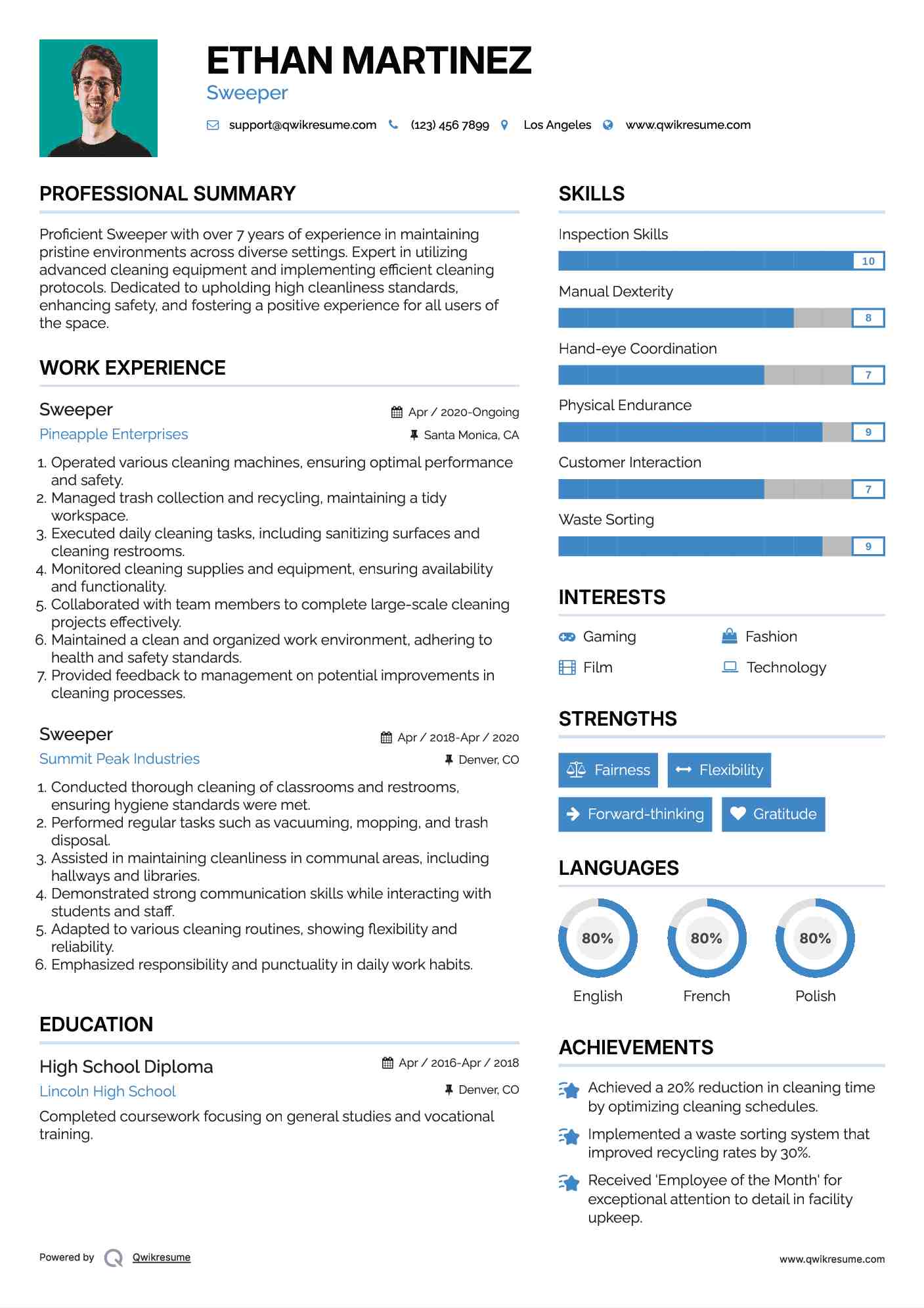 Sweeper Resume Samples QwikResume